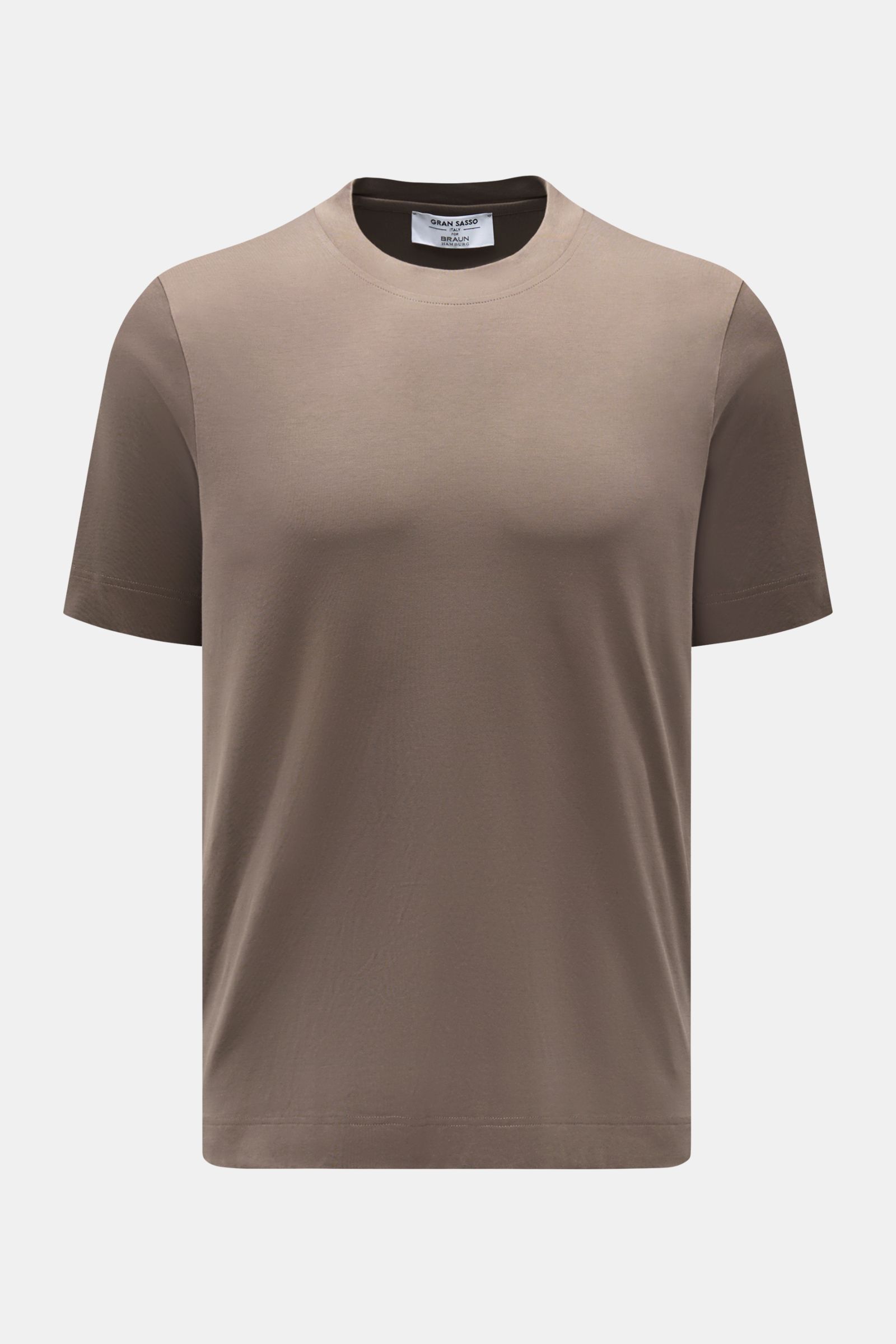 Gran Sasso Rundhals-T-Shirt graubraun, Slim Fit, reine Baumwolle, weicher Griff, frontale Nahaufnahme mit Rundhalsausschnitt und Saumschlitzen.