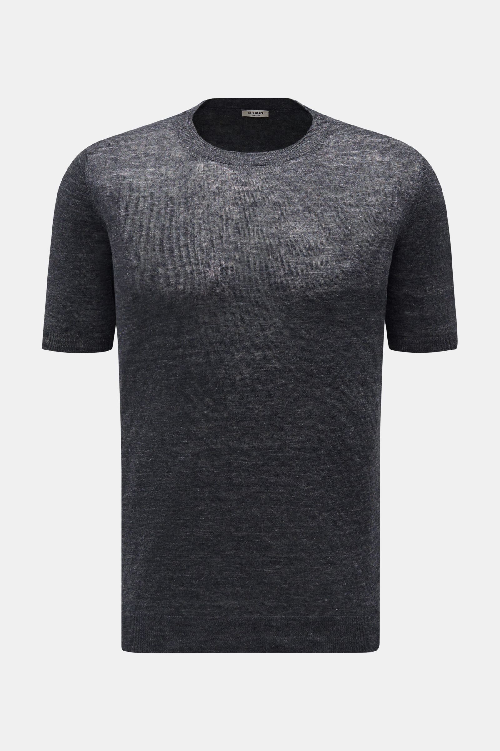 Gran Sasso Leinen Kurzarmpullover dunkelgrau, slim fit mit Rundhalsausschnitt, feinem Strickbild, Rippbündchen, aus reinem Leinen, frontal fotografiert.