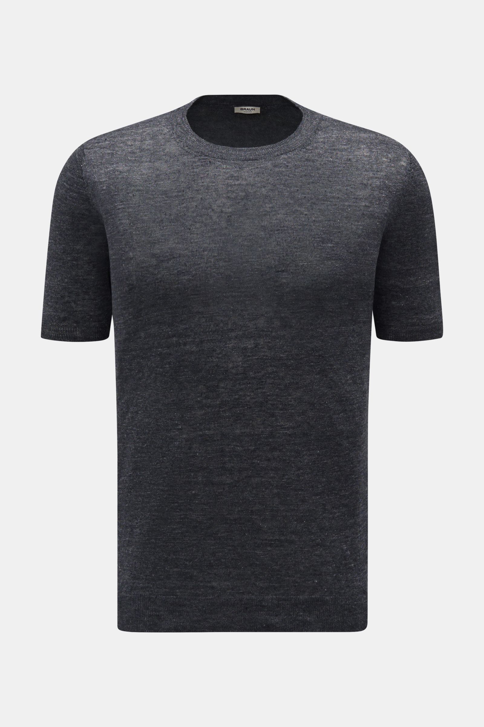 Gran Sasso Leinen Kurzarmpullover dunkelgrau, Slim Fit, aus reinem Leinen mit Rundhalsausschnitt und Rippbündchen, frontale Ansicht.