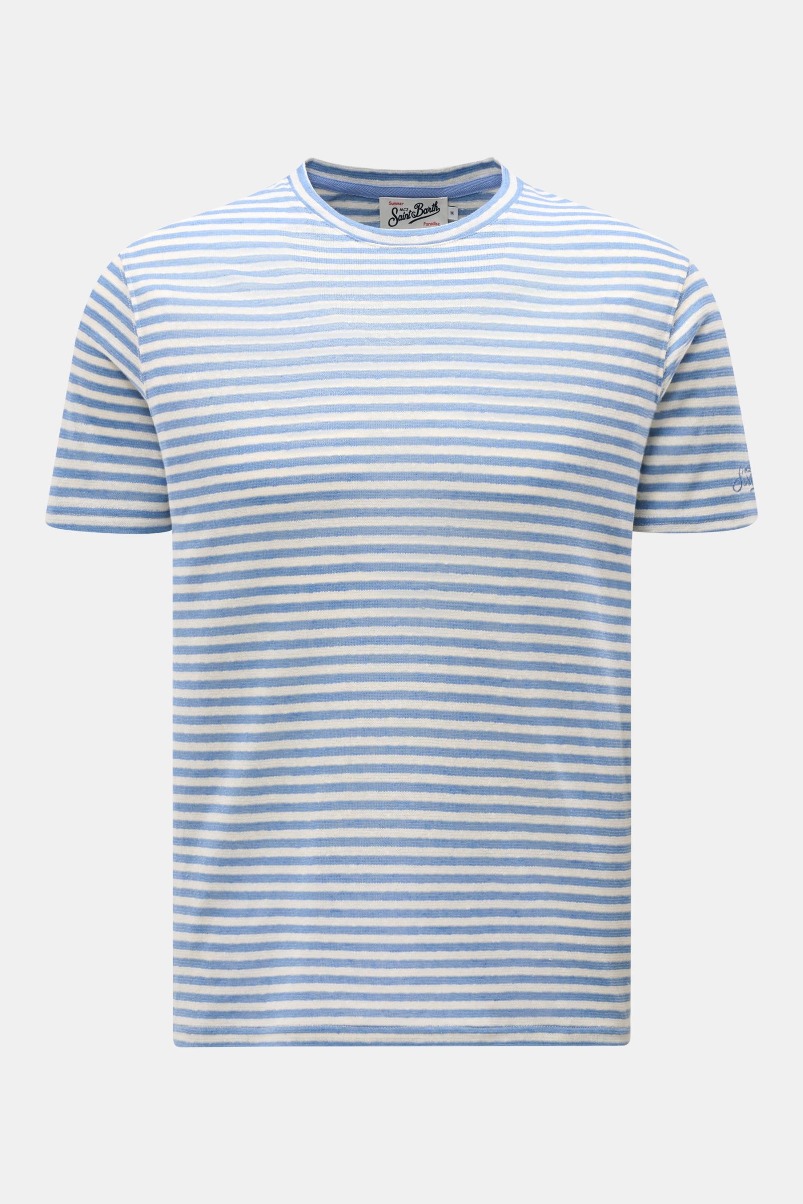 MC2 Saint Barth Crew neck T-shirt 'Dover Stripes' cream/blue striped shown from front, soft linen blend, regular fit, classic nautical stripes, St. Barth sleeve embroidery. For your casual summer looks: The 'Dover Stripes' T-shirt by MC2 SAINT BARTH, m