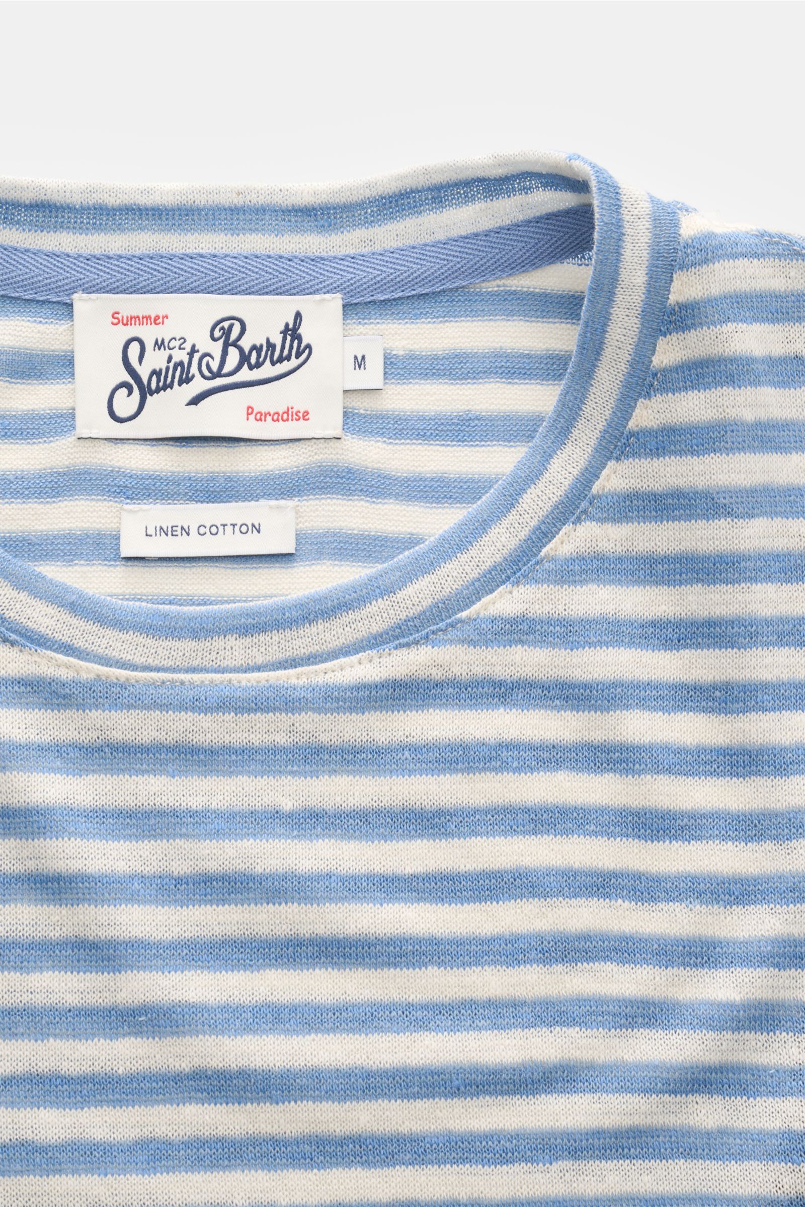 MC2 Saint Barth Crew neck T-shirt 'Dover Stripes' cream/blue striped shown from a close-up front top view, highlighting the soft linen blend fabric and crew neck. For your casual summer looks: The 'Dover Stripes' T-shirt by MC2 SAINT BARTH, made from a so