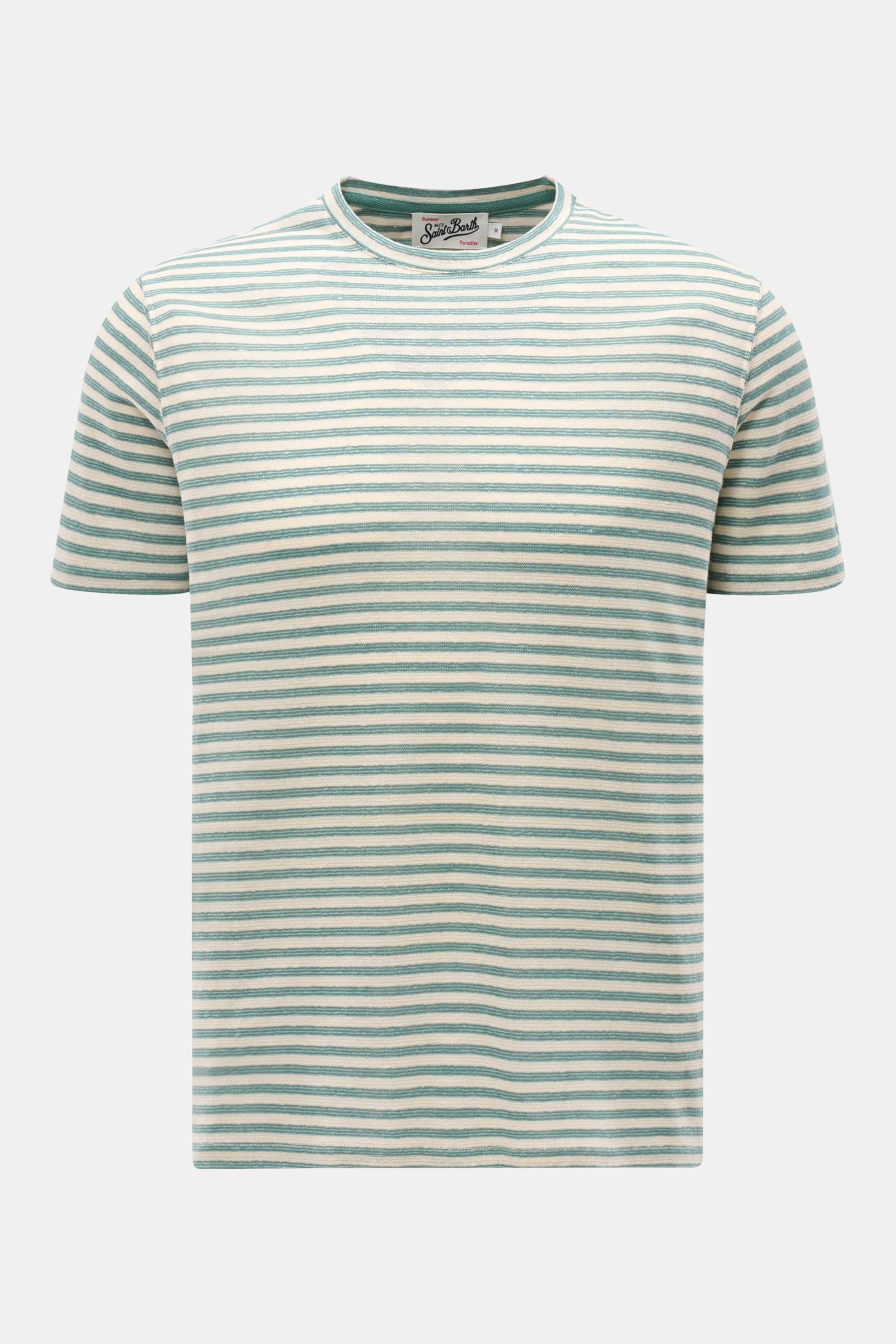 Front view of the MC2 Saint Barth Crew neck T-shirt 'Dover Stripes' cream/turquoise striped, with soft linen blend fabric and classic nautical stripes.

For your casual summer looks: The 'Dover Stripes' T-shirt by MC2 SAINT BARTH, made from a soft linen b