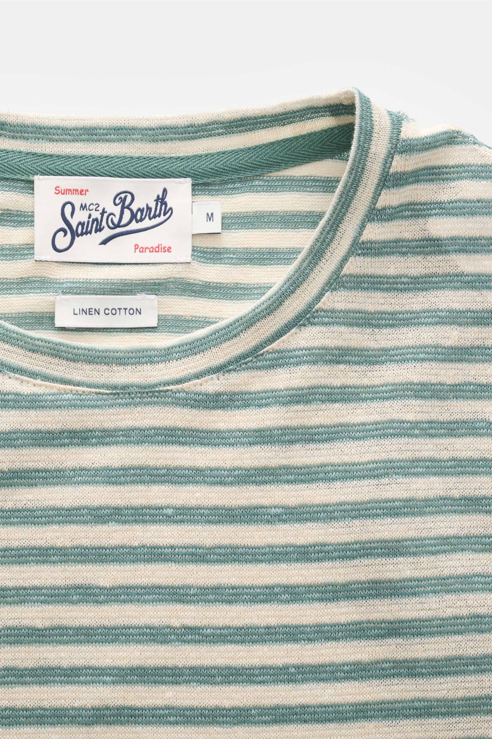 MC2 Saint Barth Crew neck T-shirt 'Dover Stripes' cream/turquoise striped shown from a close-up top-down view, highlighting the crew neck and fabric texture. For your casual summer looks: The 'Dover Stripes' T-shirt by MC2 SAINT BARTH, made from a soft li