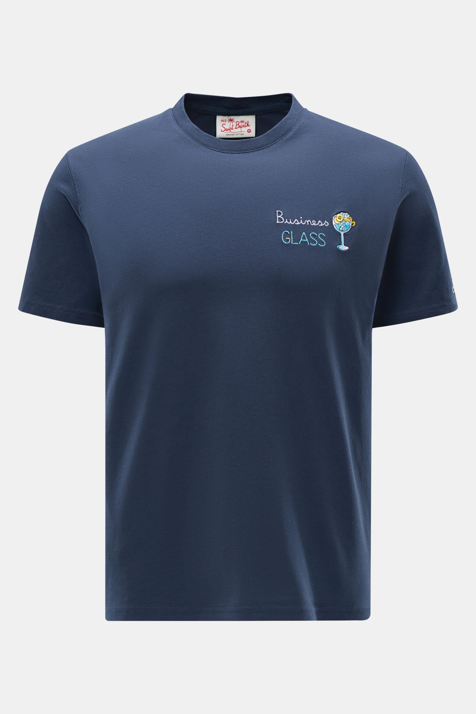 Front view of MC2 Saint Barth Crew neck T-shirt 'Portofino' navy, slim fit with chest stitching and St. Barth embroidery on sleeve, made of soft organic cotton.

Summery and eye-catching: This T-shirt by MC2 SAINT BARTH, made from soft organic cotton, 