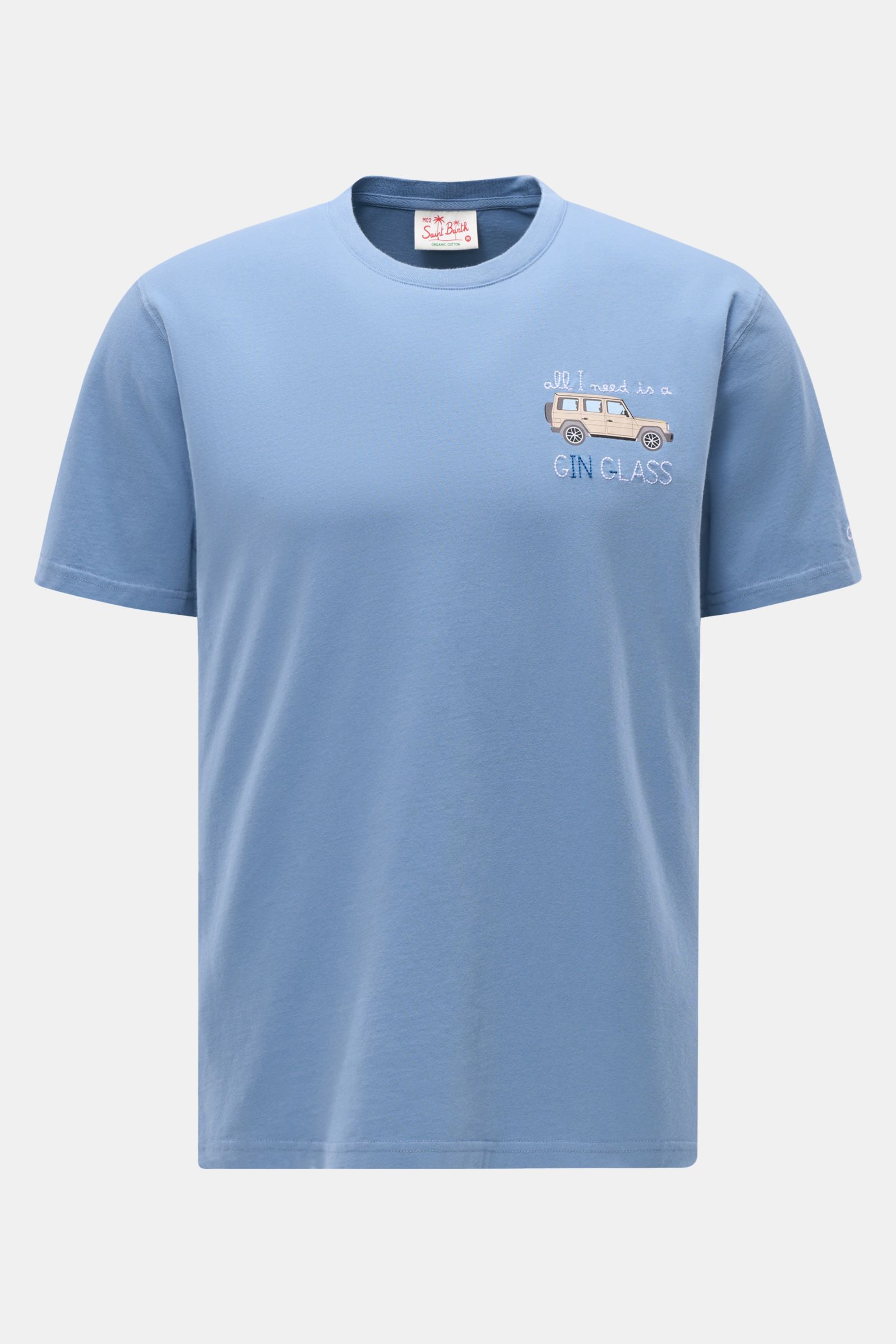 MC2 Saint Barth Crew neck T-shirt 'Portofino' smoky blue, front view, slim fit organic cotton with chest stitching and print.