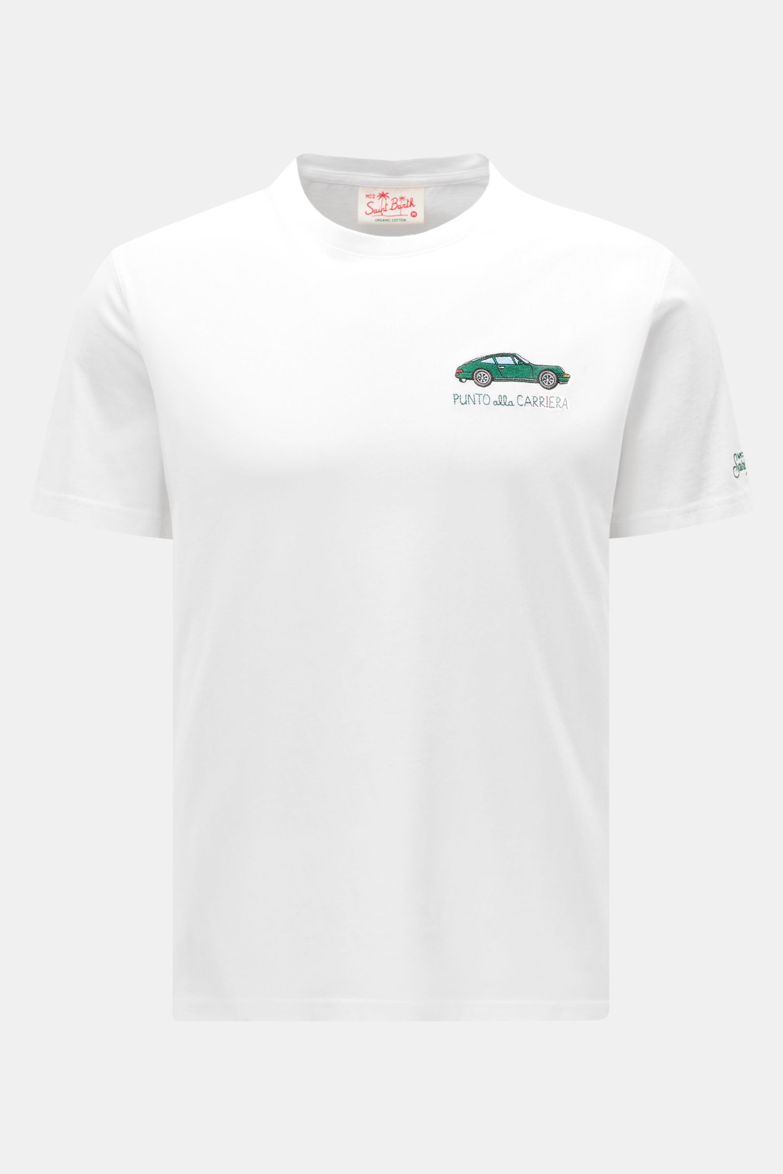 MC2 Saint Barth 'Portofino' crew neck T-shirt white shown from the front, made of pure organic cotton with slim fit, soft fabric, car stitching on chest, and St. Barth embroidery on sleeve. Summery and eye-catching: This T-shirt by MC2 SAINT BARTH, made f
