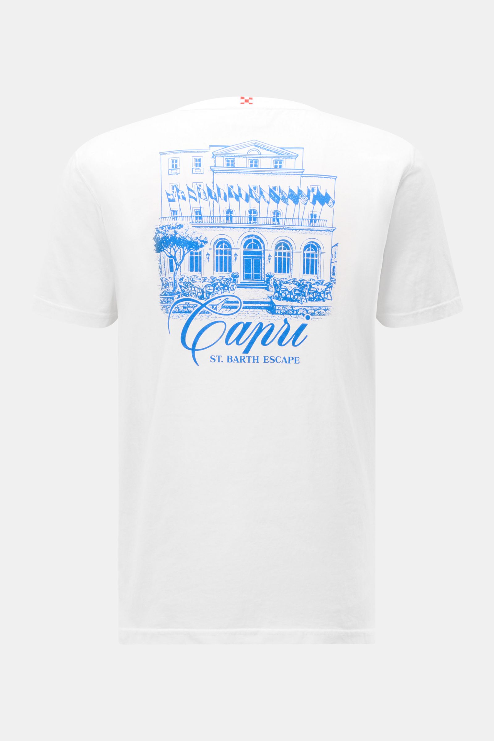 MC2 Saint Barth Rundhals-T-Shirt 'Portland' weiß shown from the back, featuring a blue Capri building print, soft organic cotton, slim fit.

Urbaner Eyecatcher: Das T-Shirt von MC2 SAINT BARTH aus weicher Bio-Baumwolle überzeugt mit auffälligem Rückenp