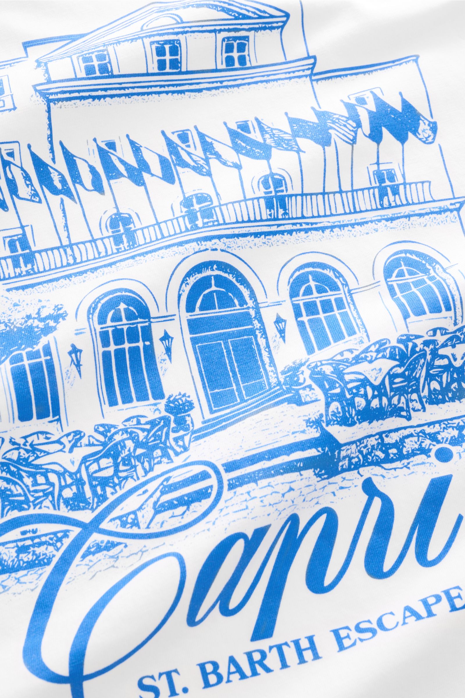Close-up front view of the MC2 Saint Barth Rundhals-T-Shirt 'Portland' weiß showing a detailed blue Capri-style print on soft white organic cotton fabric.

Urbaner Eyecatcher: Das T-Shirt von MC2 SAINT BARTH aus weicher Bio-Baumwolle überzeugt mit auff