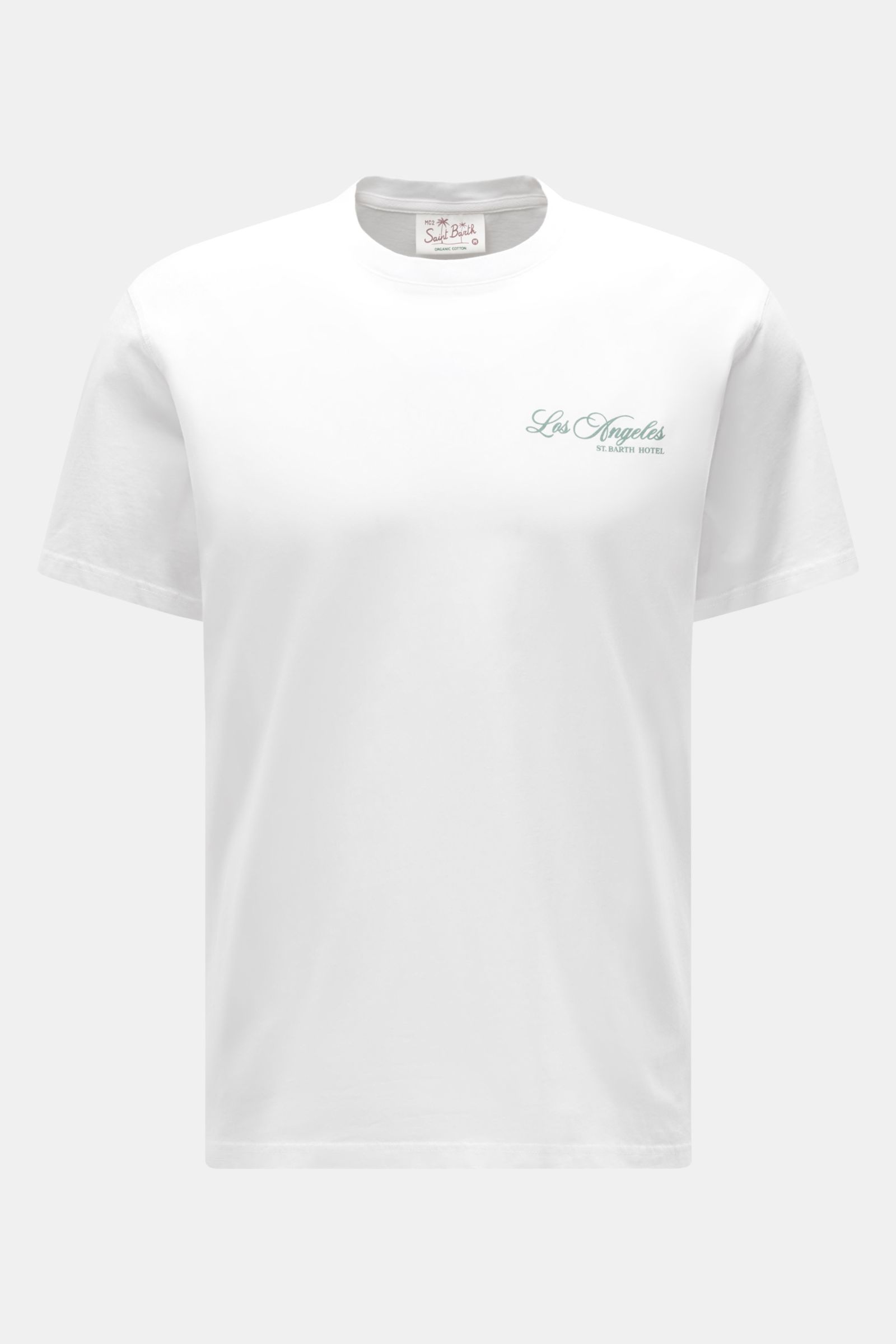 Alt tag (125 characters max): Front view of MC2 Saint Barth Crew neck T-shirt 'Portland' white with subtle chest print and soft organic cotton fabric.

Description: 
Urban eye-catcher: This T-shirt by MC2 SAINT BARTH, made from soft organic cotton, fea