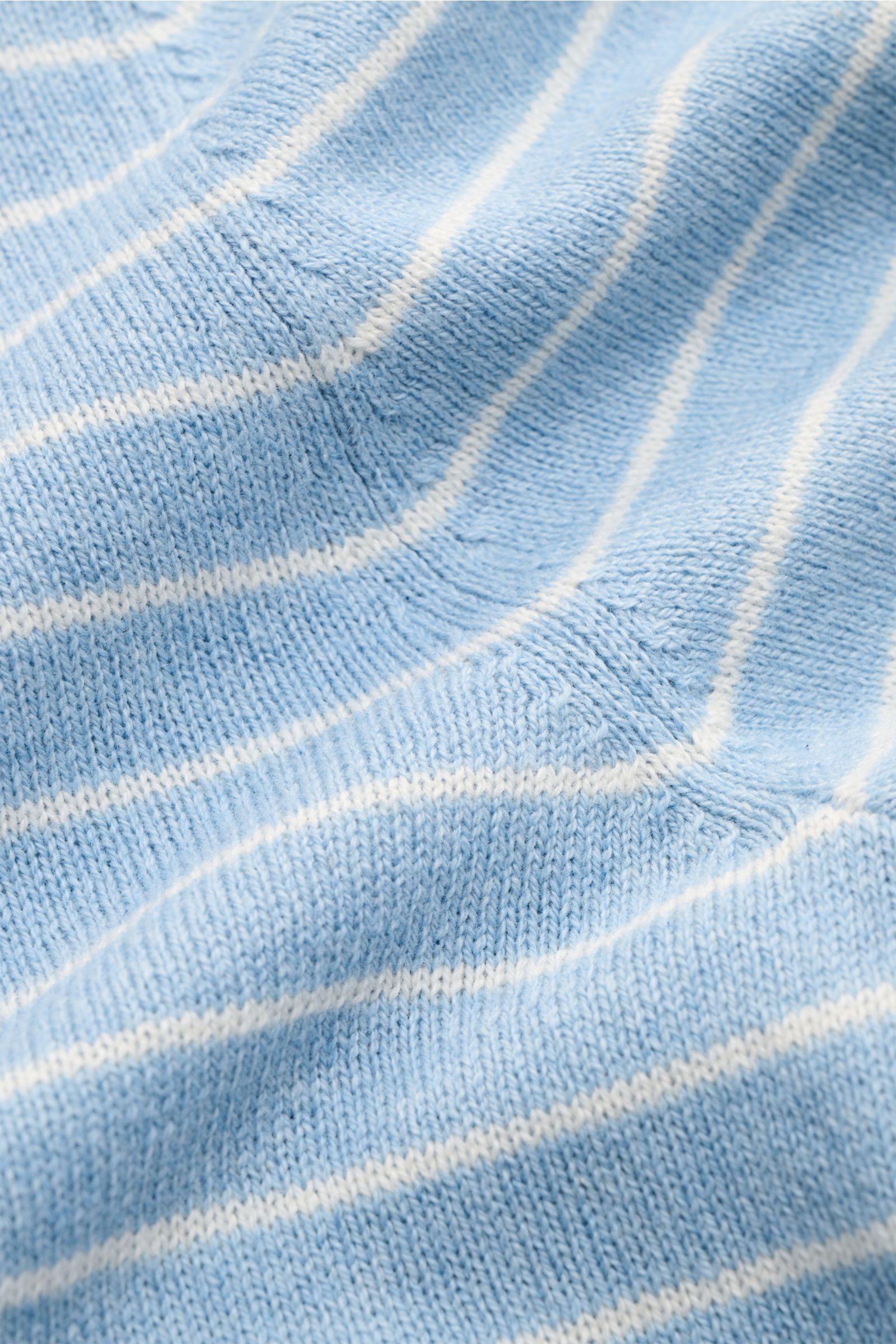 FTC Kurzarm-Rundhalspullover hellblau/weiß gestreift aus luftigem Cashmere-Baumwoll-SeaCell-Mix, feines Strickbild, Nahaufnahme, rollierter Saum.