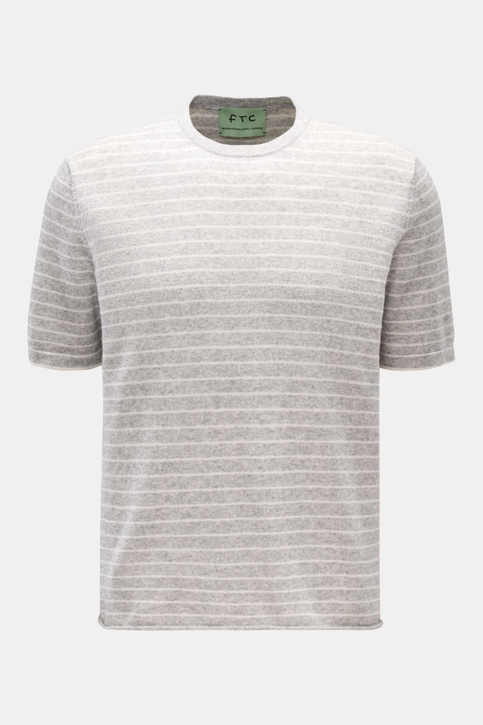 FTC Kurzarm-Rundhalspullover grau/weiß gestreift, frontal fotografiert, aus luftigem Cashmere-Baumwoll-SeaCell-Mix, soft, Regular Fit.