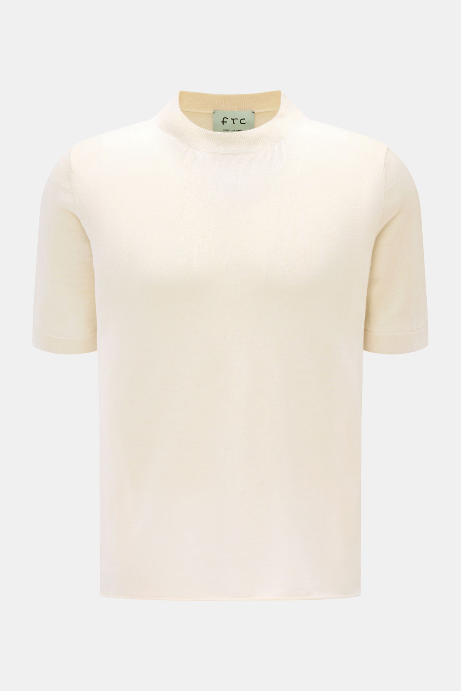FTC Kurzarm-Rundhalspullover creme, frontal aus leichter Qualität mit feinem Strickbild, Slim Fit, Rippbündchen, rolliertem Saum, Cashmere-SeaCell-Mix, Öko-Tex® zertifiziert, nachhaltig produziert.