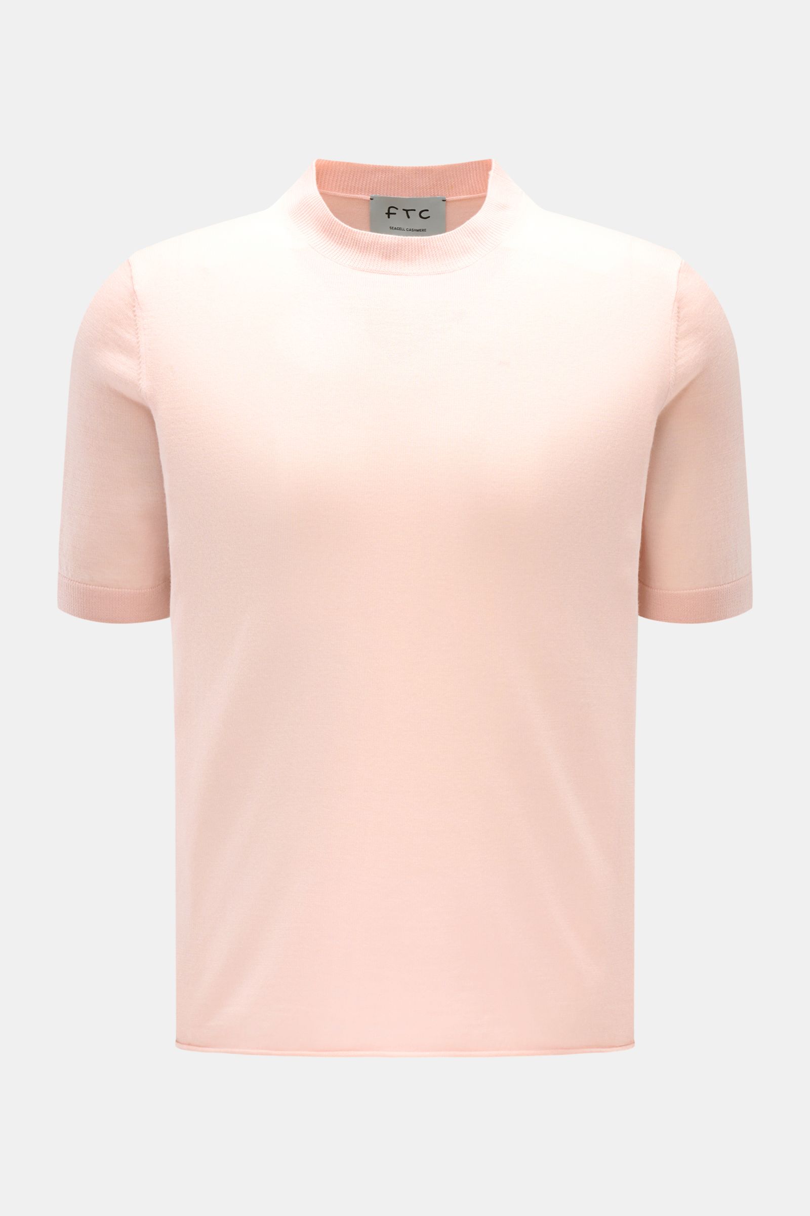 FTC Kurzarm-Rundhalspullover rosé, slim Fit, aus Cashmere-SeaCell-Mix mit Rundhalsausschnitt, weichem Griff, feinem Strickbild, Rippbündchen, frontale Ansicht.