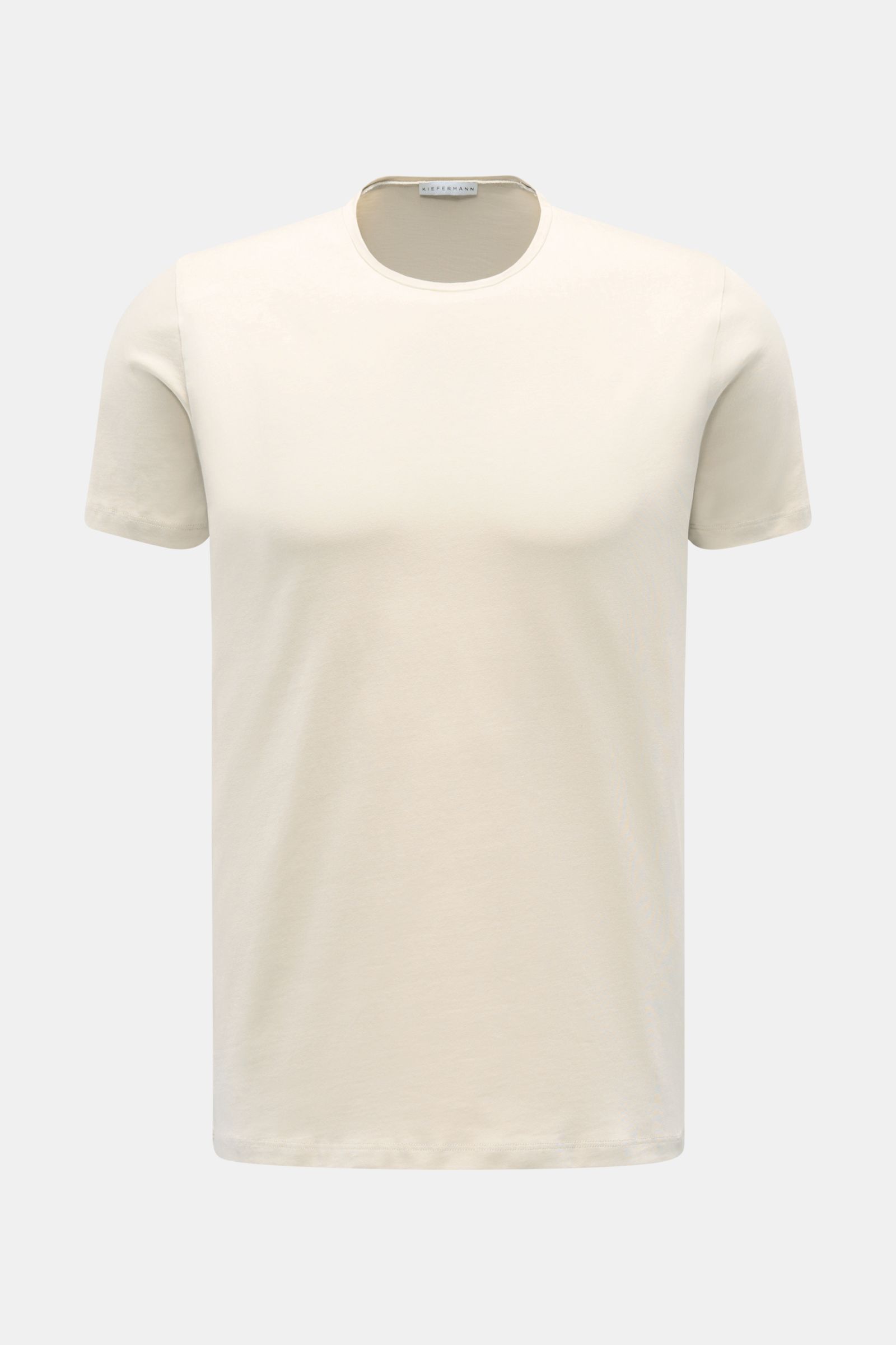 Kiefermann Rundhals T-Shirt 'Matello' sand aus weichem Baumwoll-Jersey, Extra Slim Fit, Rundhals, Logodruck am Saum, Frontansicht.