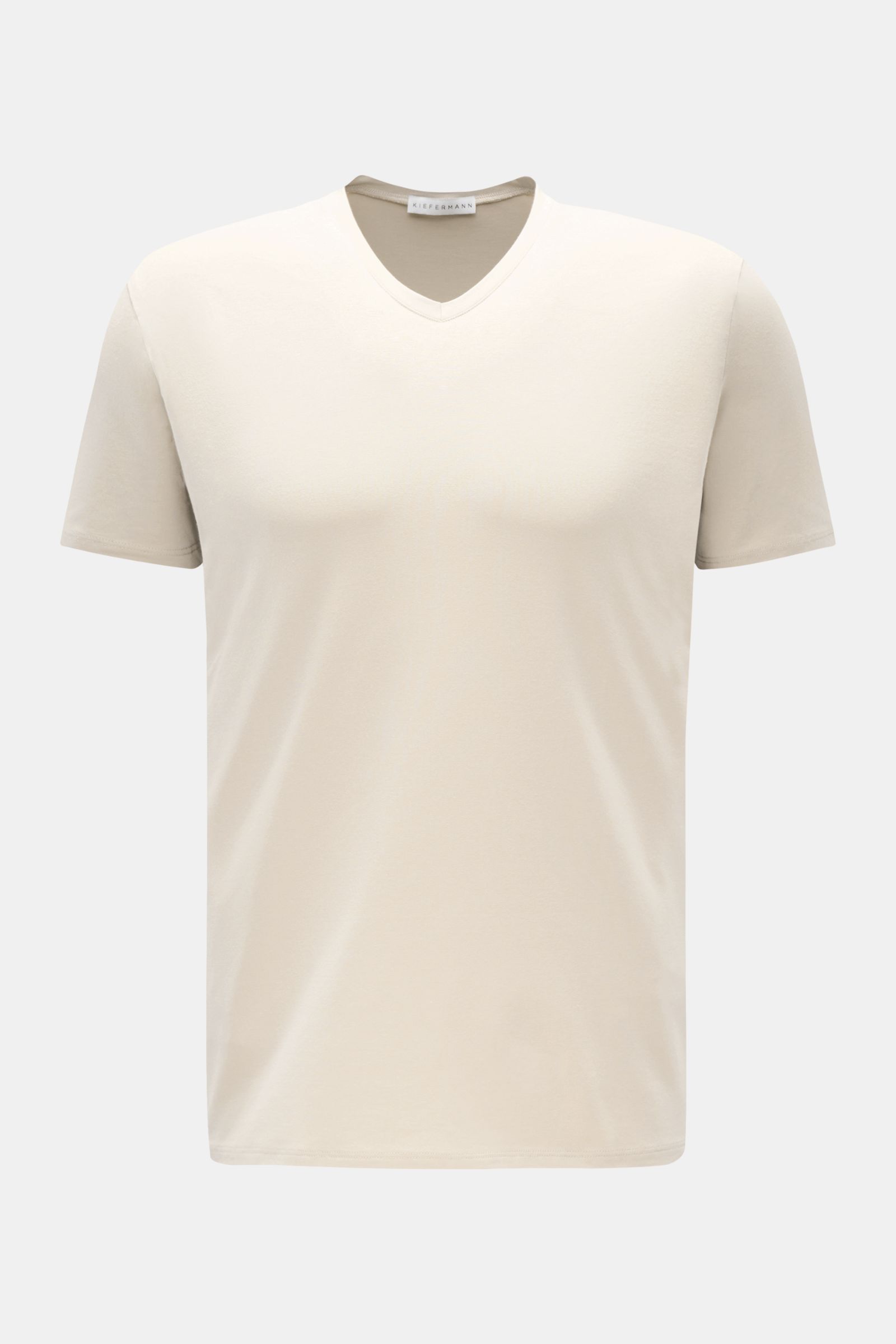 Kiefermann V-Neck T-Shirt 'Hape' sand, frontale Nahaufnahme, Extra Slim Fit, elastisches Baumwoll-Modal-Gemisch, weicher, glatter Griff, V-Ausschnitt.