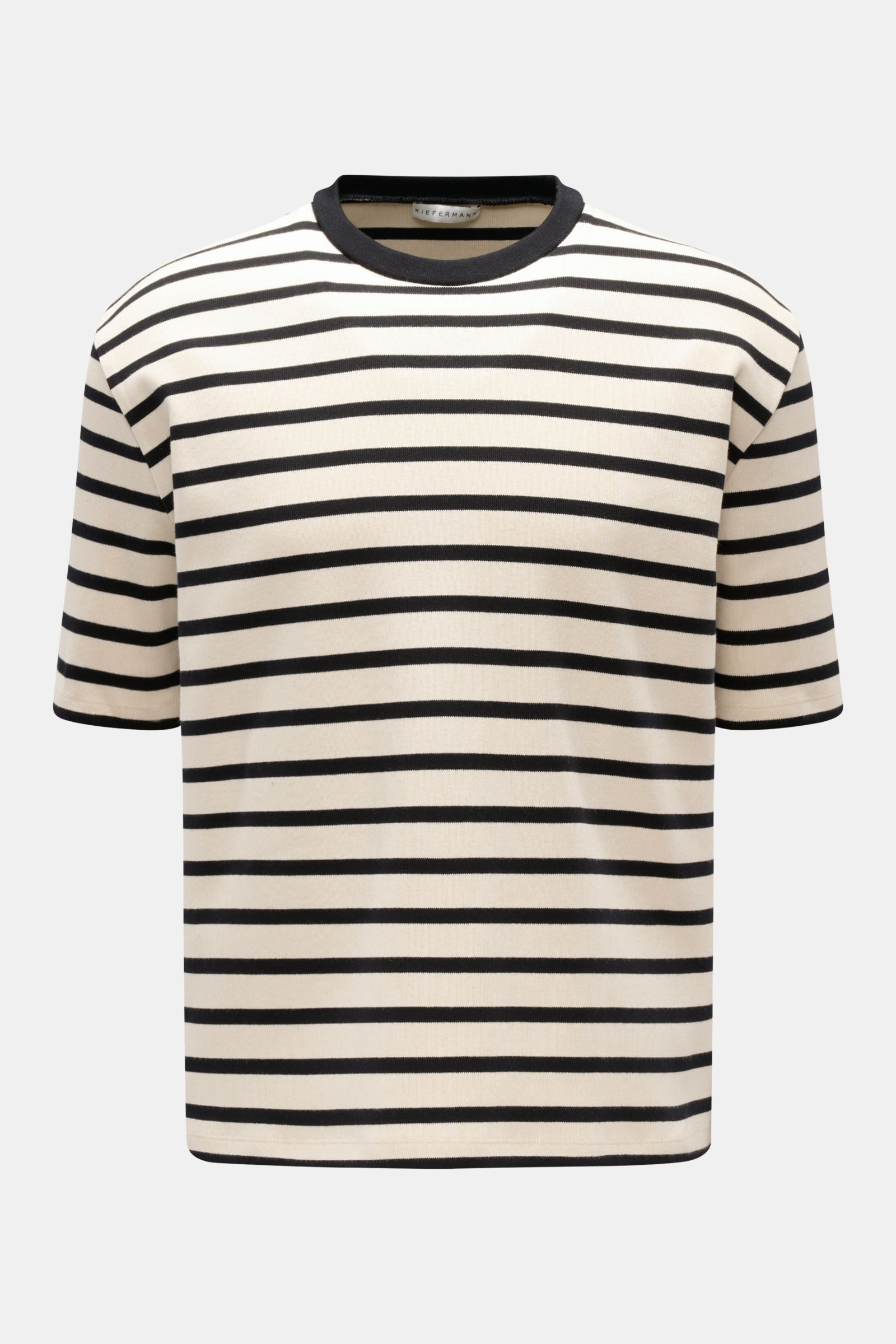 Kiefermann Rundhals-T-Shirt 'Bernodino' offwhite/schwarz gestreift, Frontansicht, schwere Baumwolle, Regular Fit, Rundhalsausschnitt, kastiger Schnitt, leicht griffig.