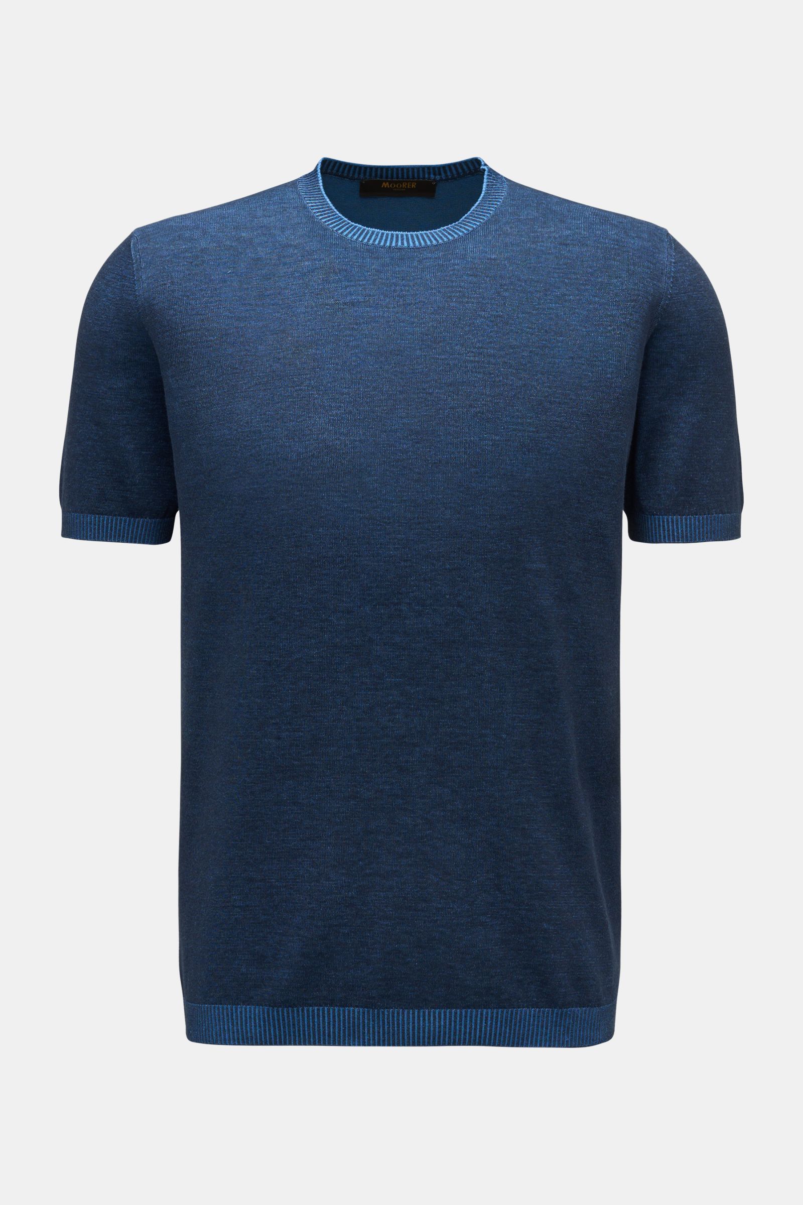 Moorer Kurzarmpullover 'Jude' navy, frontale Ansicht, Slim Fit, feines Strickbild, Rundhalsausschnitt, flexible Rippbündchen, weiche reine Baumwolle