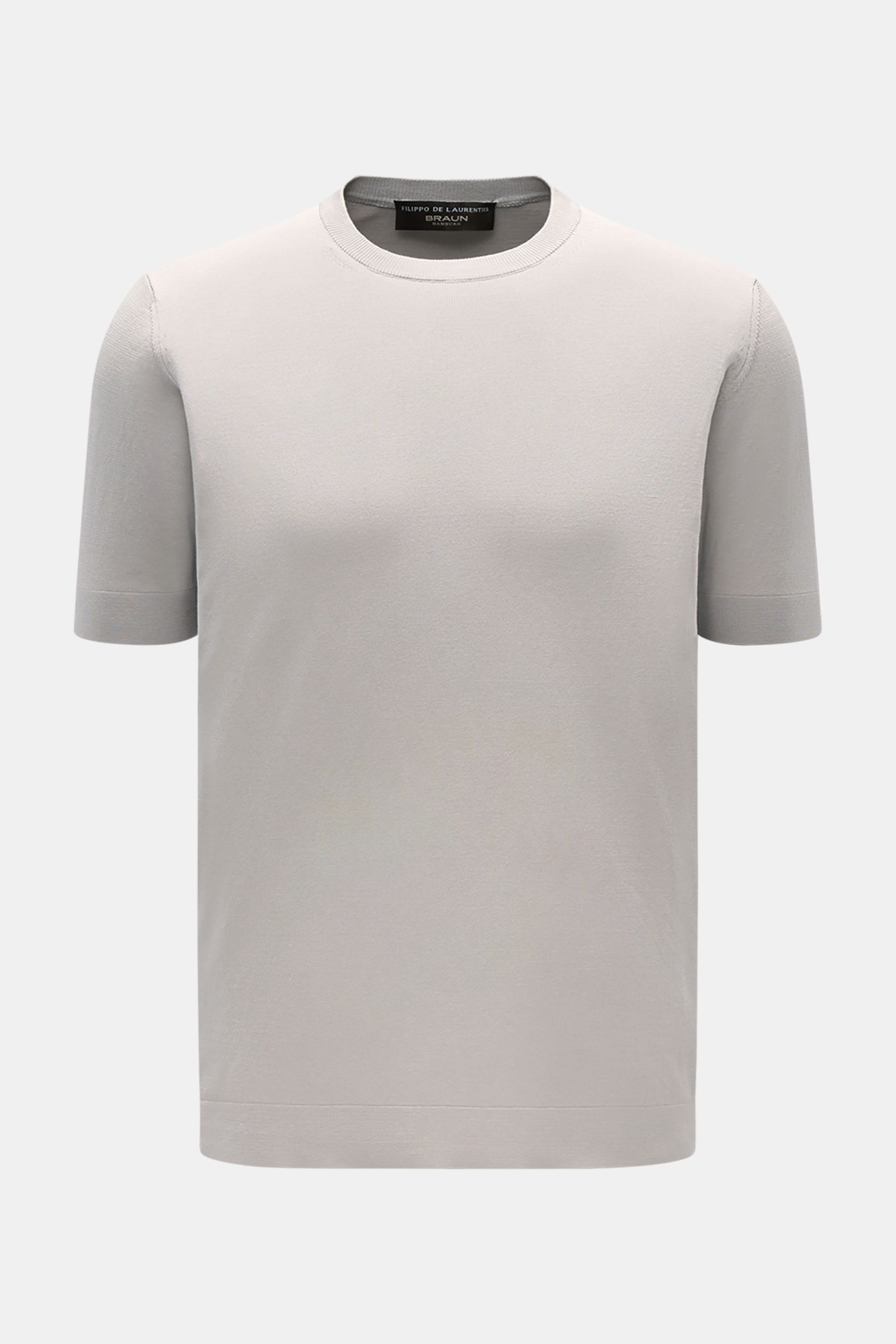 Filippo de Laurentiis Feinstrick-Kurzarmpullover grau, Slim Fit, Rundhals, reine Baumwolle, feines Strickbild, frontale Aufnahme, seitliche Saumschlitze.