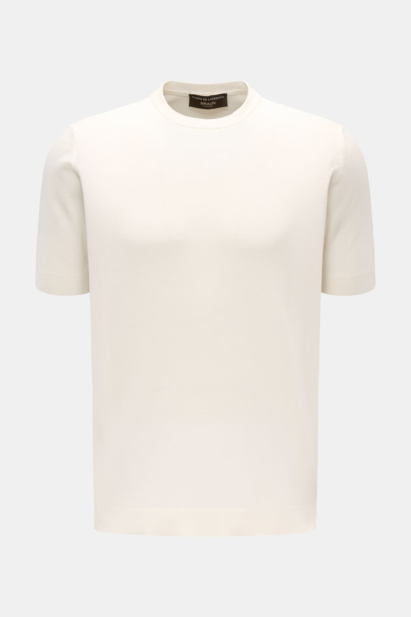 Front view of Filippo de Laurentiis Feinstrick-Kurzarmpullover creme, a slim fit short-sleeve fine knit pullover made of pure cotton with a round neckline, soft touch, fine knit texture, comfortable cuffs, and side hem slits. Sommerliche Knitwear: Mit 