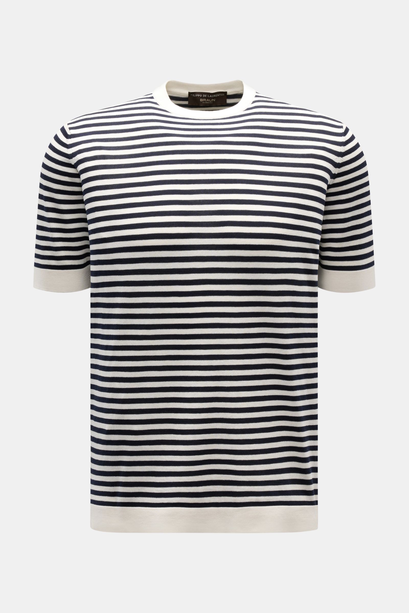 Filippo de Laurentiis Feinstrick-Kurzarmpullover offwhite/dark navy gestreift, Slim Fit, Rundhals, kurze Ärmel, aus reiner Baumwolle, frontal fotografiert.