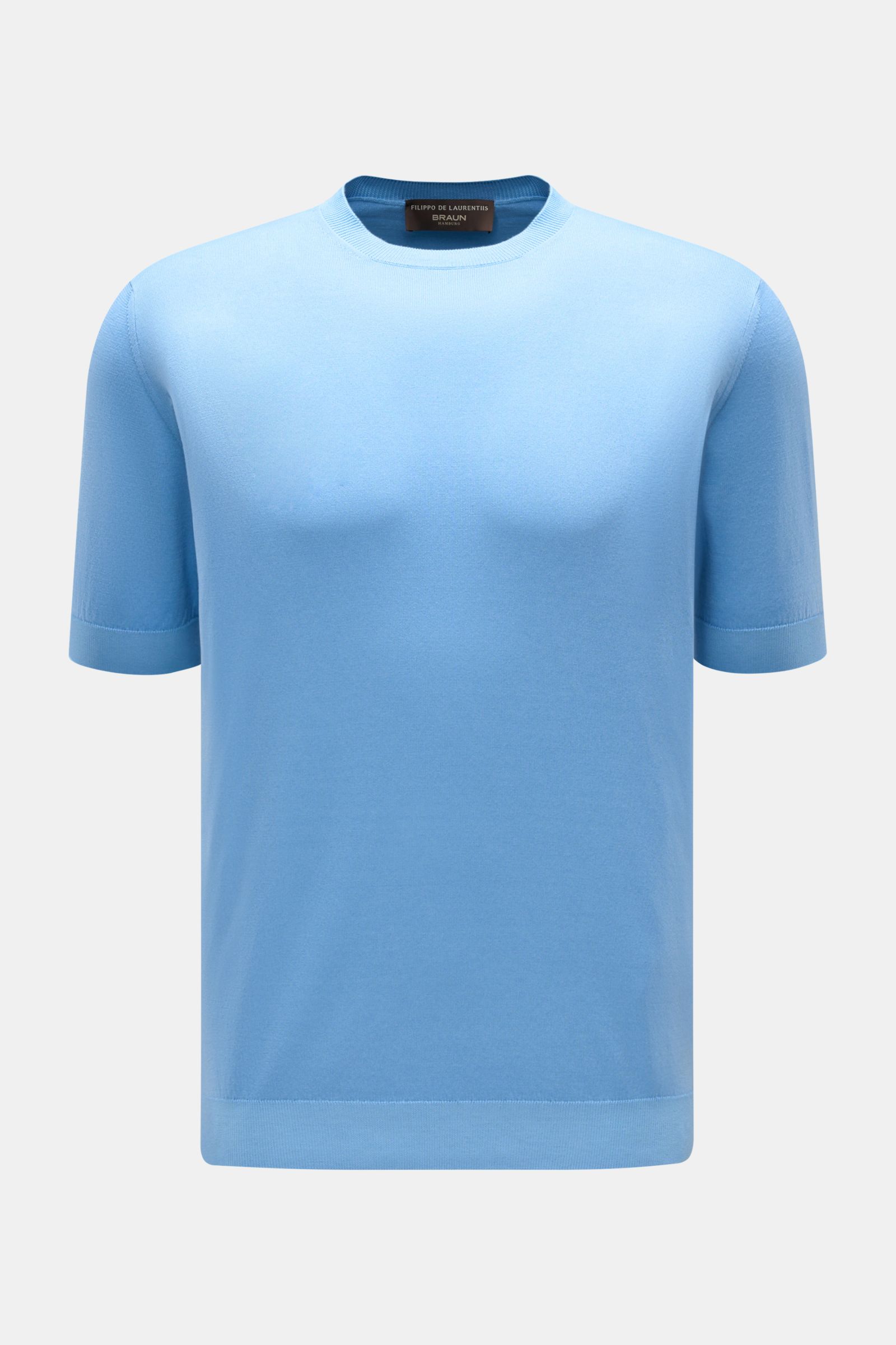 Filippo de Laurentiis Kurzarmpullover hellblau, frontale Ansicht, Slim Fit, reine Baumwolle, weicher Griff, Rundhalsausschnitt, Rippbündchen