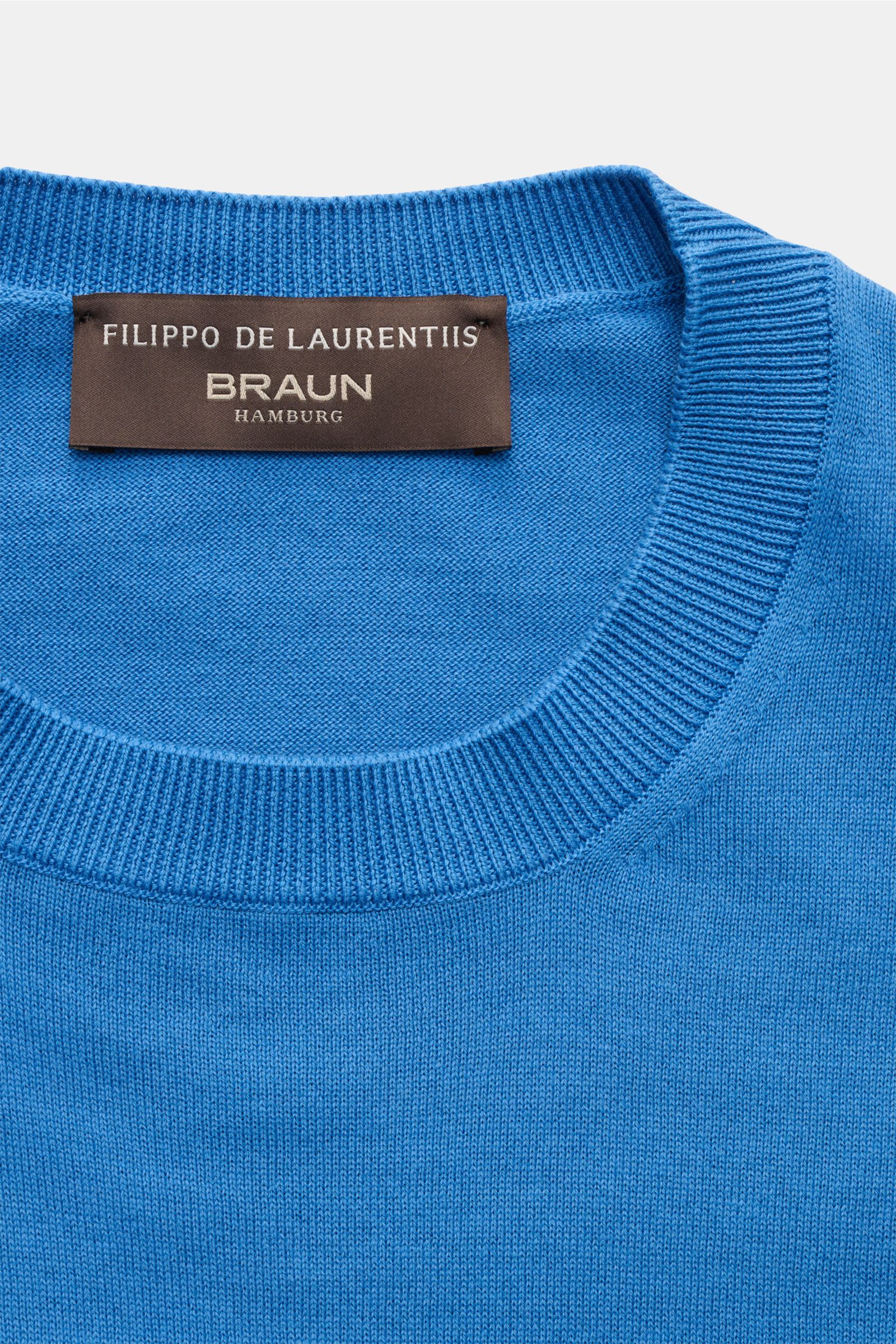 Filippo de Laurentiis Kurzarmpullover blau, Nahaufnahme von Rundhalsausschnitt und Etikett, reine Baumwolle, Slim Fit, weicher Griff, Rippbündchen