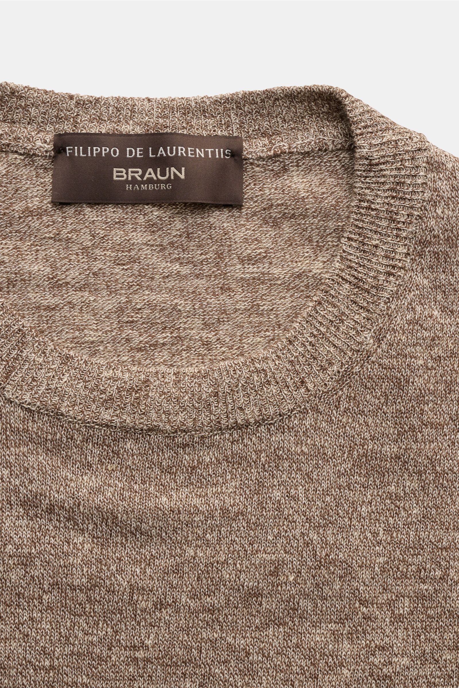 Filippo de Laurentiis Feinstrick-Kurzarmpullover braun meliert, Nahaufnahme von oben, Rundhalsausschnitt, Slim Fit, Leinen-Baumwoll-Mix.