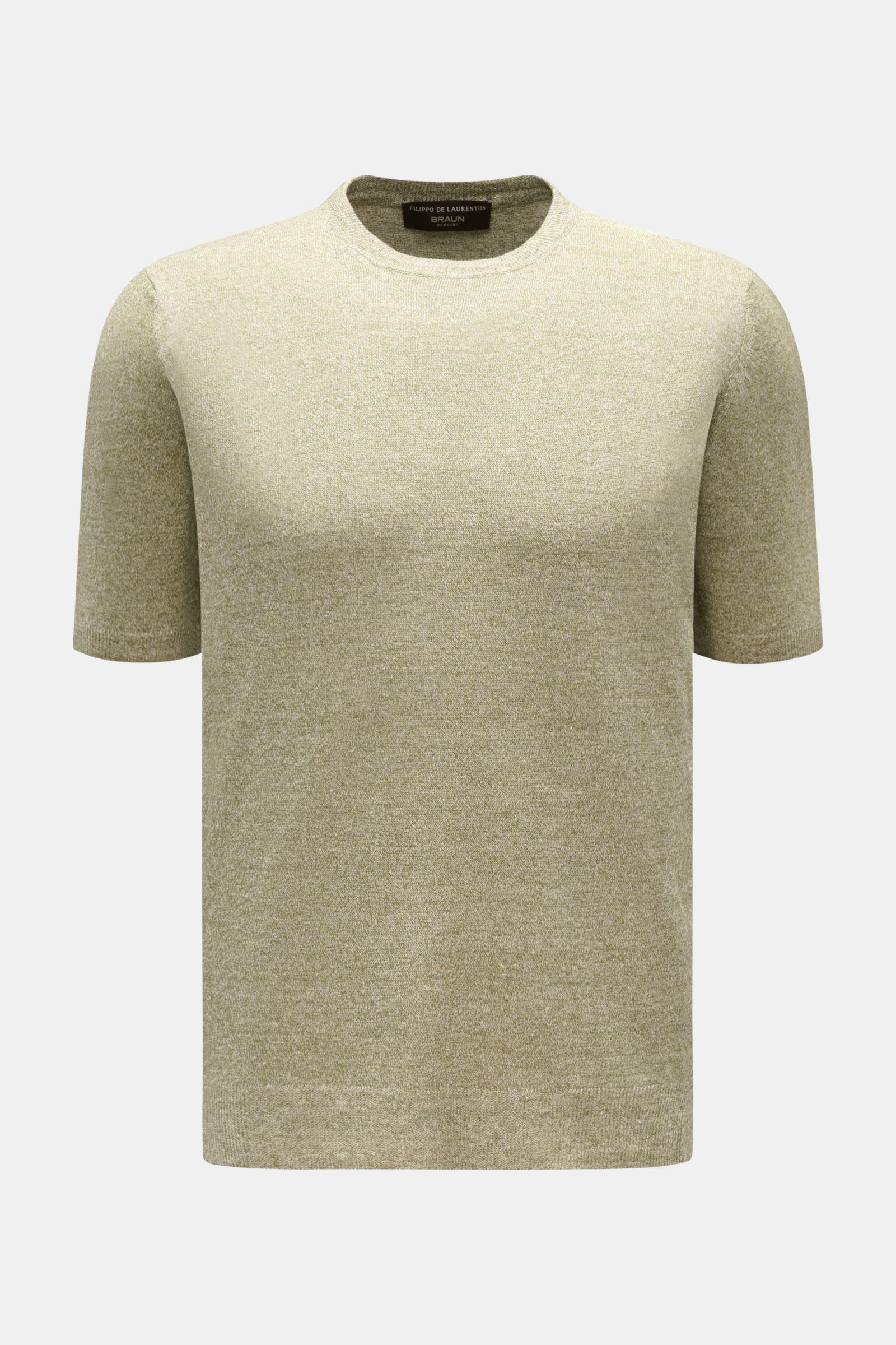 Filippo de Laurentiis Feinstrick-Kurzarmpullover oliv meliert, Slim Fit, Rundhalsausschnitt, Rippbündchen, aus Leinen-Baumwolle, frontale Nahaufnahme.