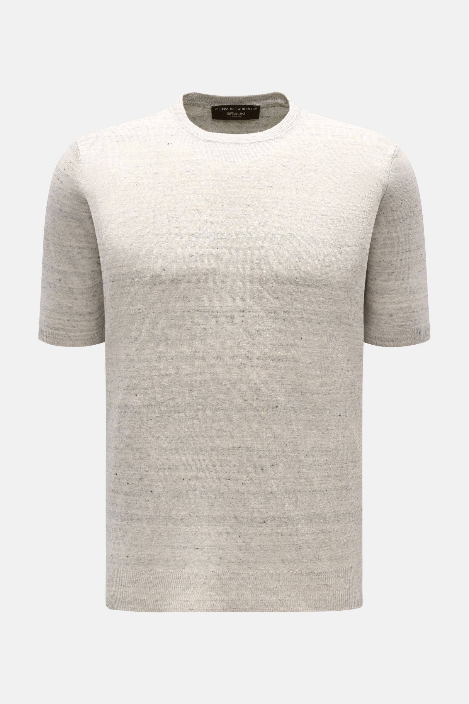 Filippo de Laurentiis Feinstrick-Kurzarmpullover hellgrau meliert, Slim Fit, Rundhalsausschnitt, Rippbündchen, Frontansicht, Leinen-Baumwoll-Mix, feines Strickbild.