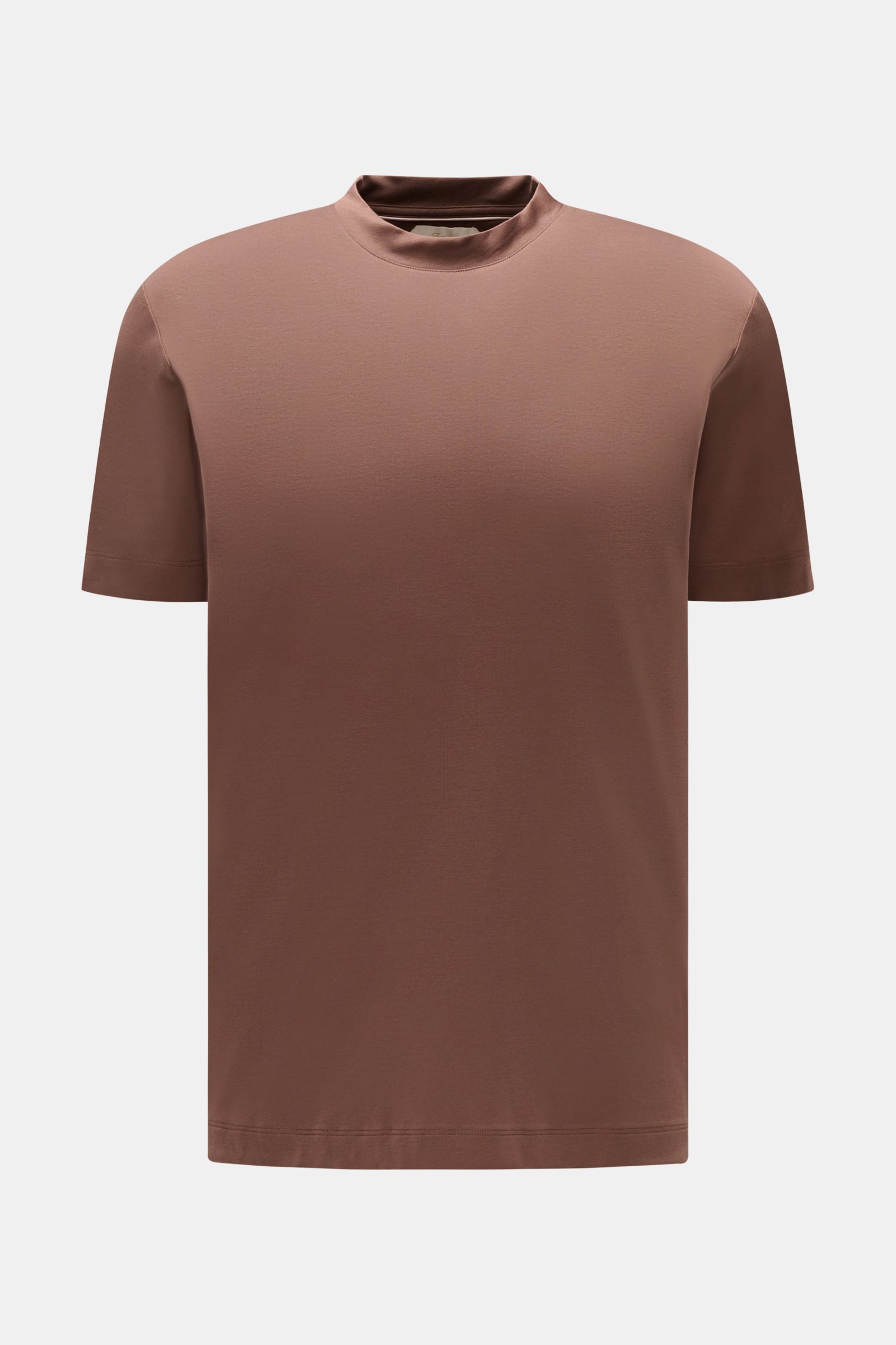 Aurélien Rundhals-T-Shirt braun, frontal fotografiert, Slim Fit, Jersey aus ägyptischer Baumwolle, weicher Griff, Rundhalsausschnitt, kurze Saumschlitze, dezentes Logo-Stitching hinten.