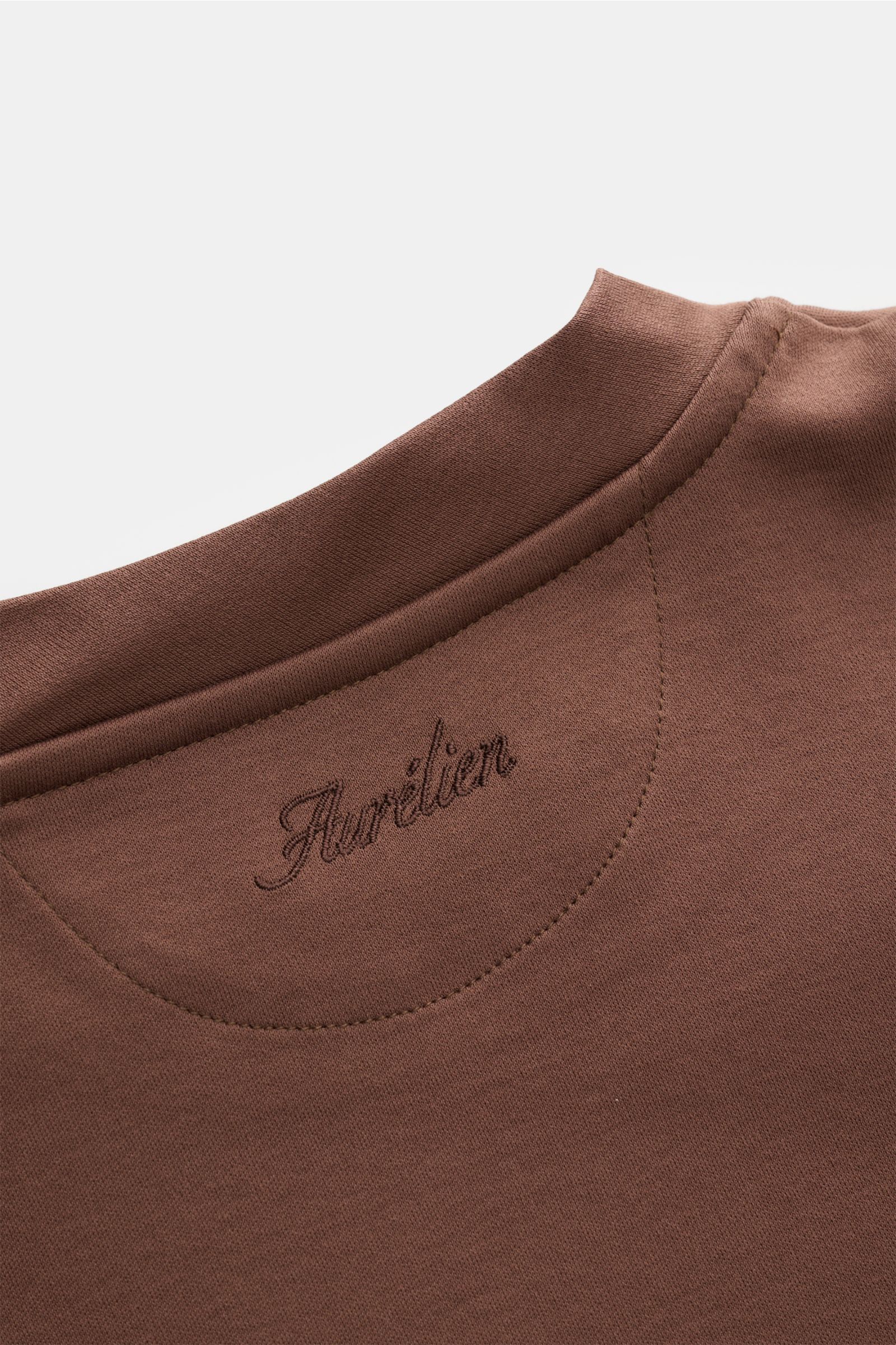 Nahaufnahme des Aurélien Rundhals-T-Shirt braun von hinten, Jersey aus ägyptischer Baumwolle, weicher Griff, Slim Fit, Rundhalsausschnitt, kurze Saumschlitze, dezentes Logo-Stitching.