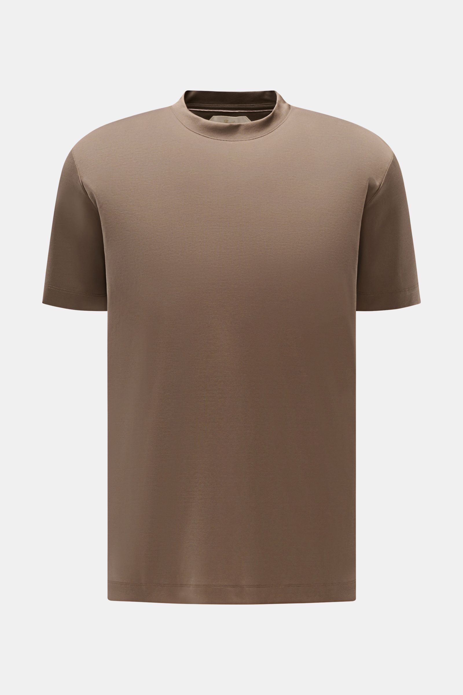Aurélien Rundhals-T-Shirt khaki, Slim Fit, Jersey aus ägyptischer Baumwolle, weicher Griff, Rundhalsausschnitt, kurze Saumschlitze, Rückseite mit Logo-Stitching, Frontansicht.