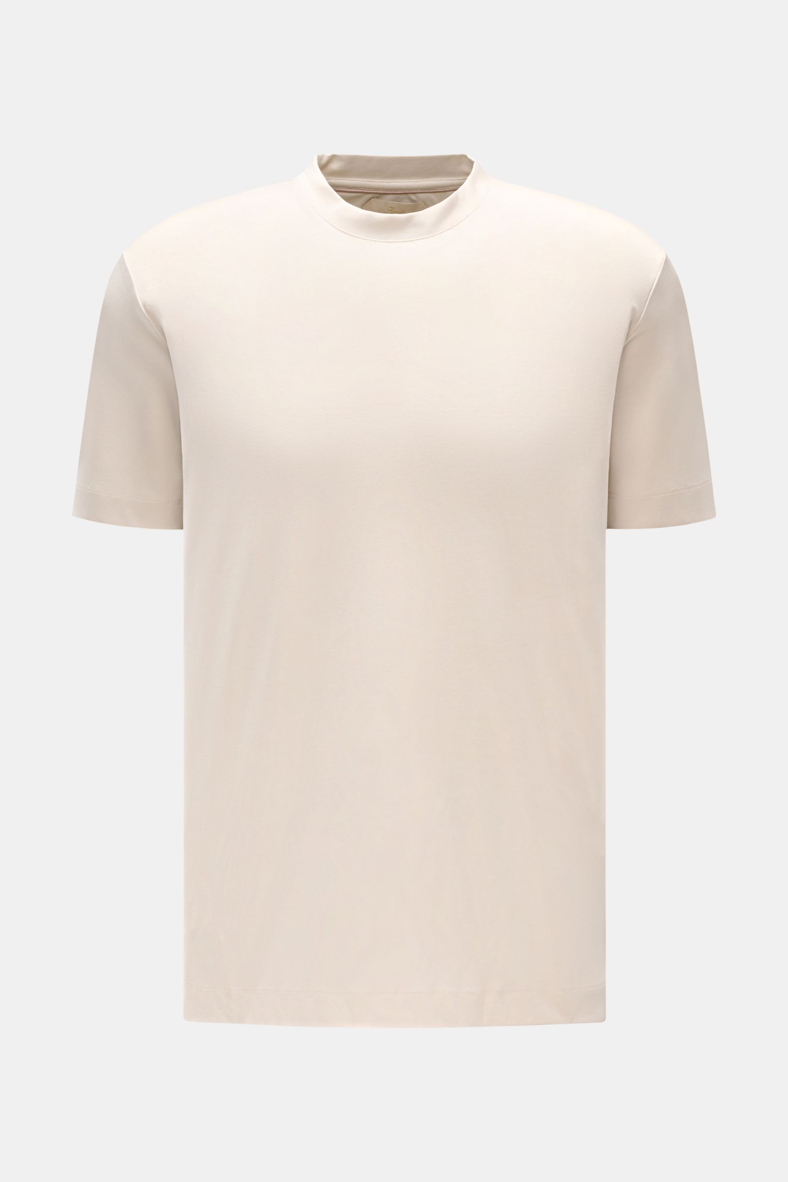 Front view of the Aurélien Rundhals-T-Shirt sand, made of jersey aus ägyptischer Baumwolle, weicher, glatter Griff, Slim Fit, Rundhalsausschnitt, kurze Saumschlitze, dezentes Logo-Stitching auf der Rückseite.