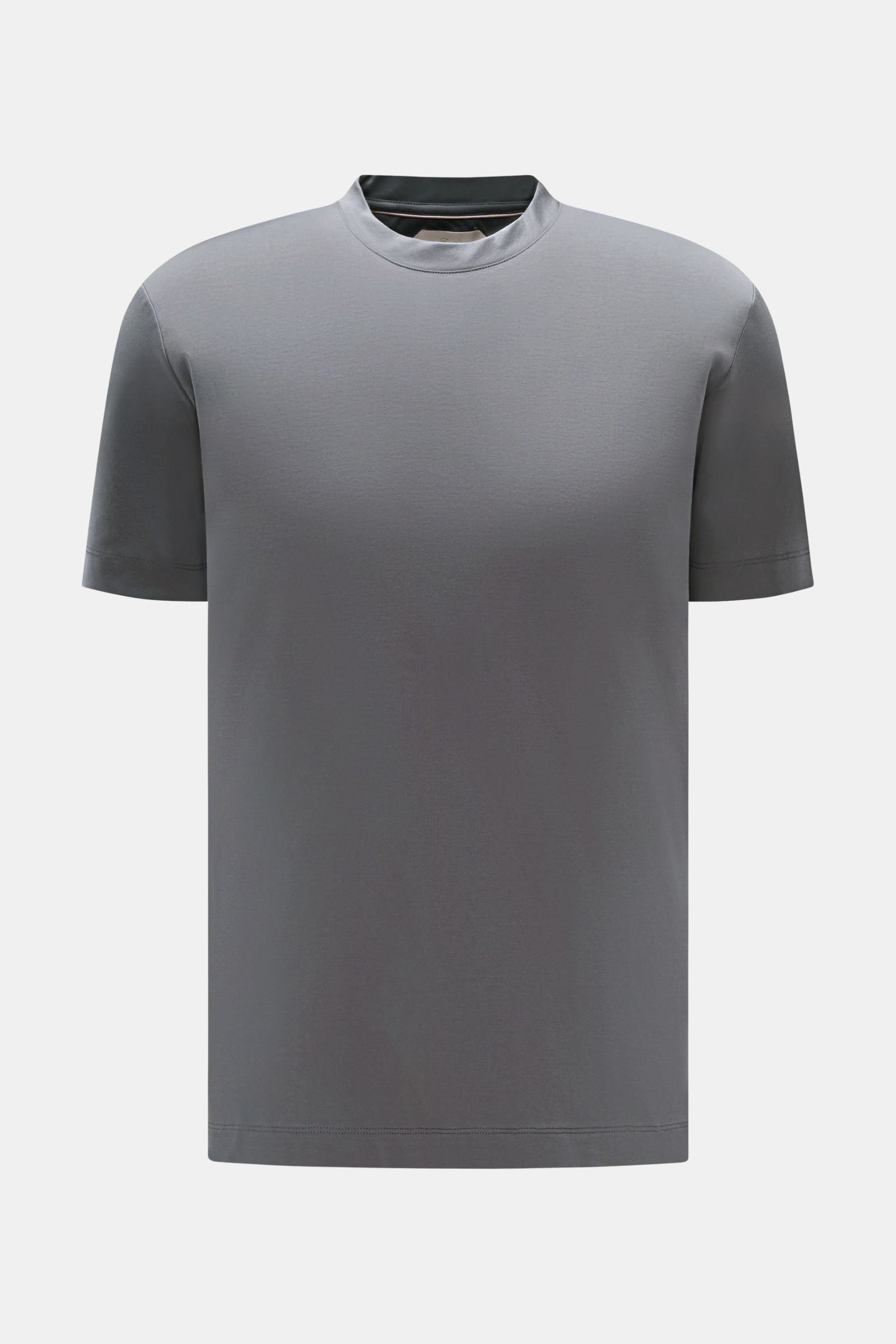 Aurélien Rundhals-T-Shirt dunkelgrau, frontal fotografiert, Slim Fit, Jersey aus ägyptischer Baumwolle, weicher Griff, Rundhalsausschnitt, kurze Saumschlitze, dezentes Logo-Stitching hinten.