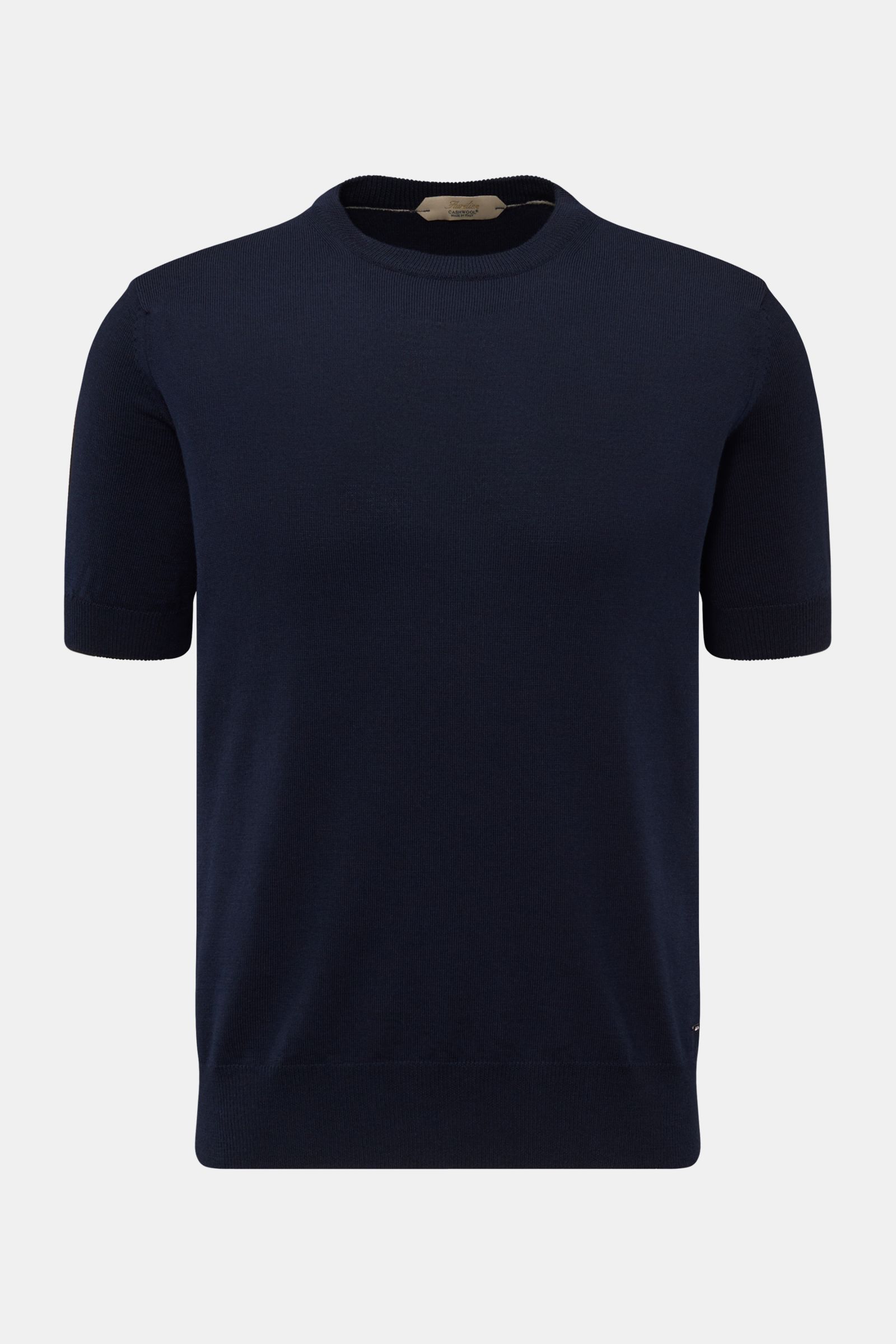 Aurélien Merino Kurzarmpullover navy, frontale Ansicht, Slim Fit, Strick aus Merinowolle, weicher Griff, Rundhalsausschnitt, Rippbündchen.