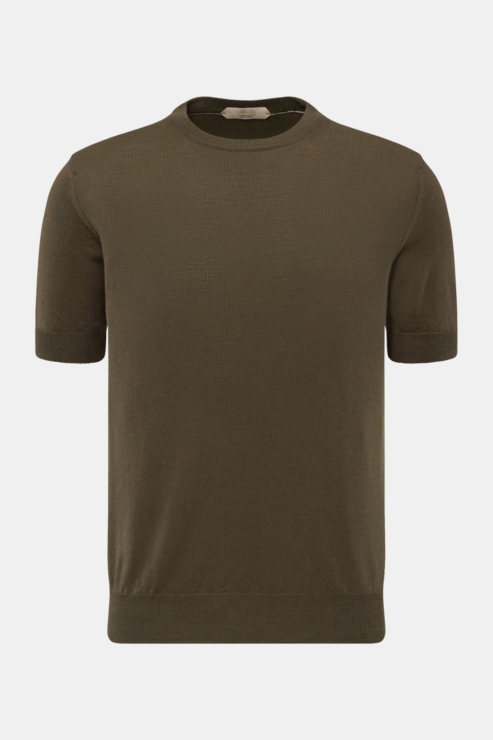 Aurélien Merino Kurzarmpullover oliv frontal fotografiert, Slim Fit, Strick aus Merinowolle, weicher Griff, Rundhalsausschnitt, Rippbündchen.