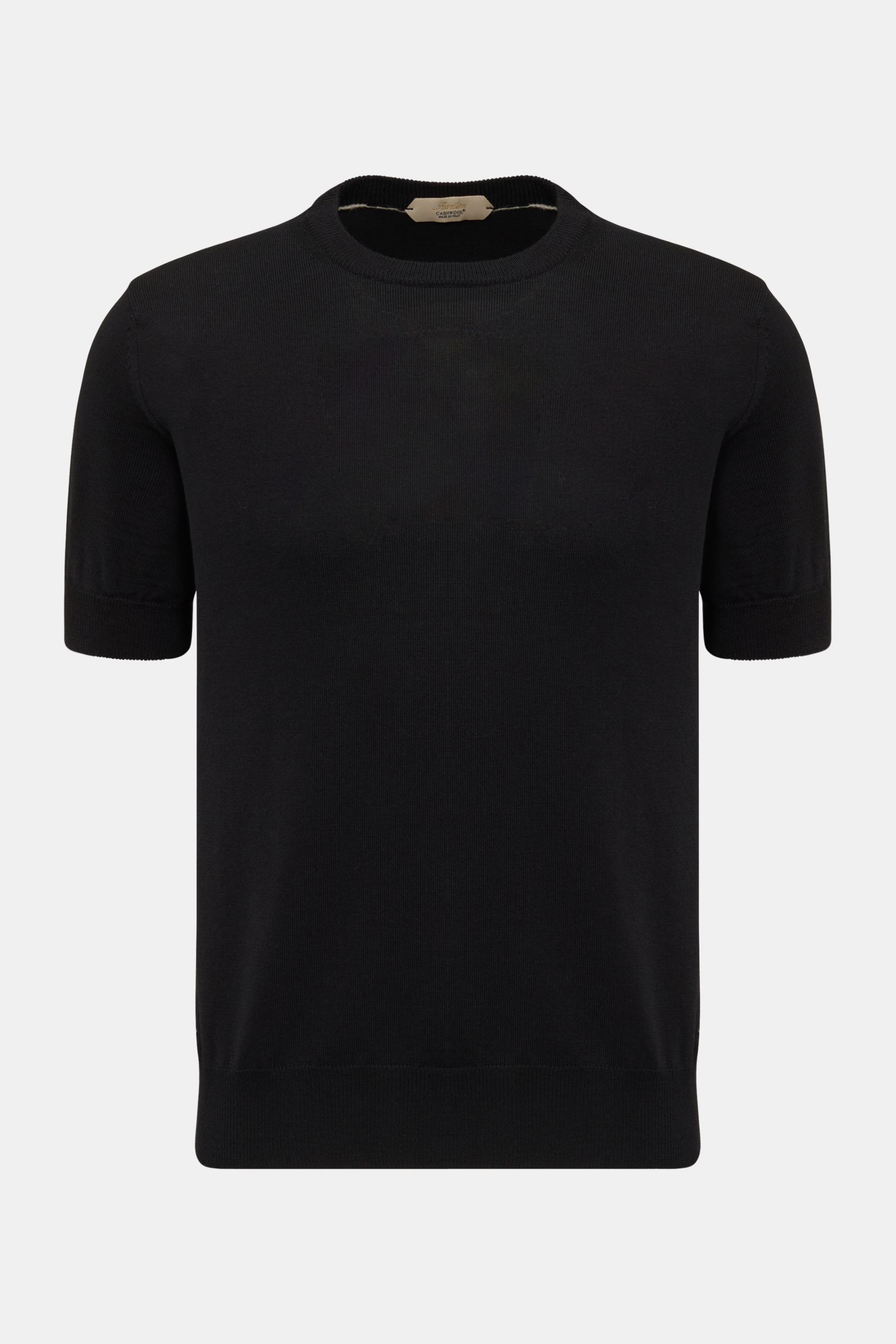 Aurélien Merino Kurzarmpullover schwarz, Frontansicht, Strick aus Merinowolle, weicher Griff, Slim Fit, Rundhalsausschnitt, Rippbündchen.