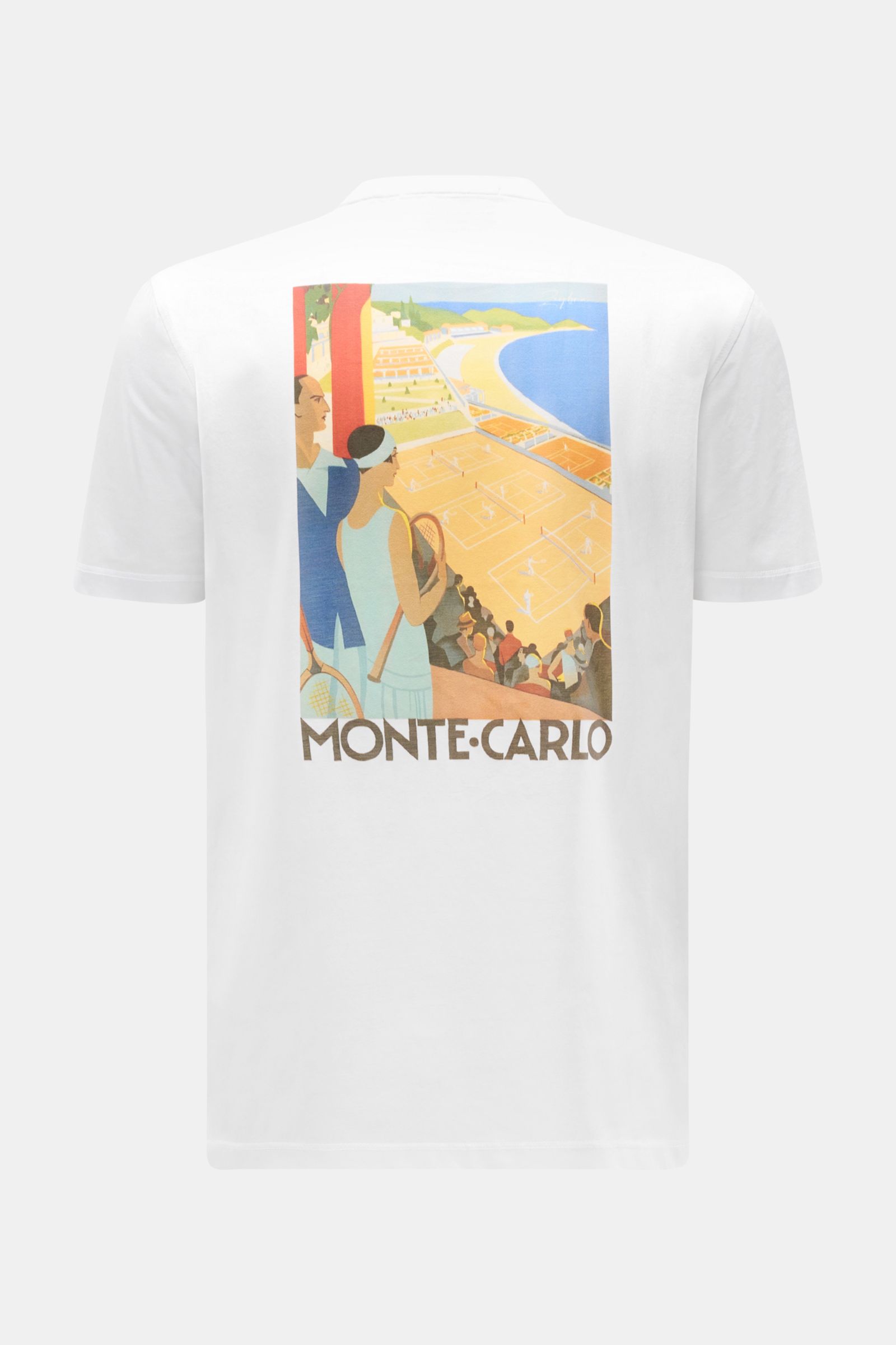 Weißes Zeybra Portofino 1962 Rundhals-T-Shirt 'Monte Carlo' in Slim Fit, aus reiner Baumwolle, Rückansicht mit retroetem Tennis-Motivprint.