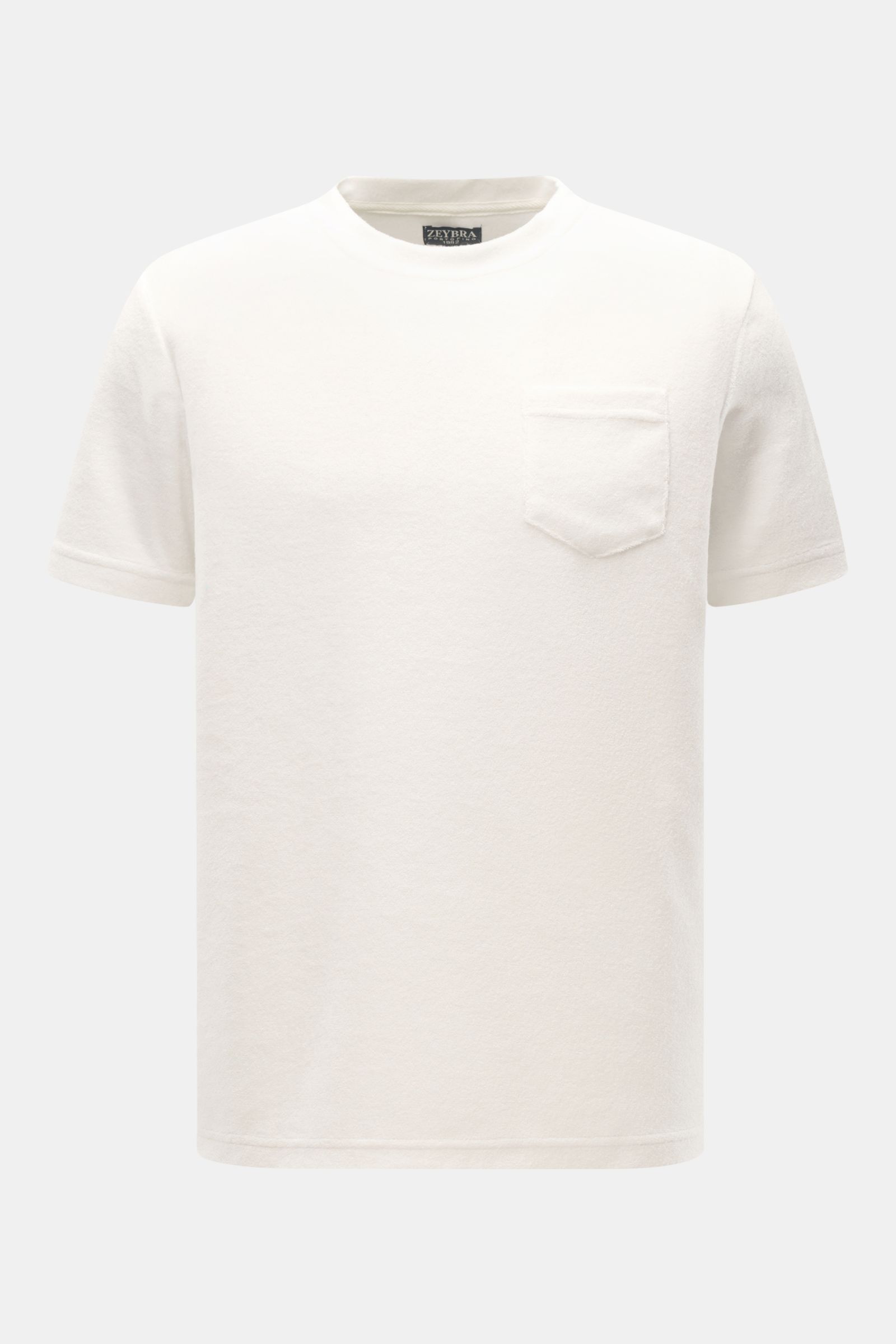 Zeybra Portofino 1962 Frottee Rundhals-T-Shirt 'Spugna' offwhite, frontale Nahaufnahme, weicher Griff, Brusttasche, Regular Fit, leichte Struktur.
