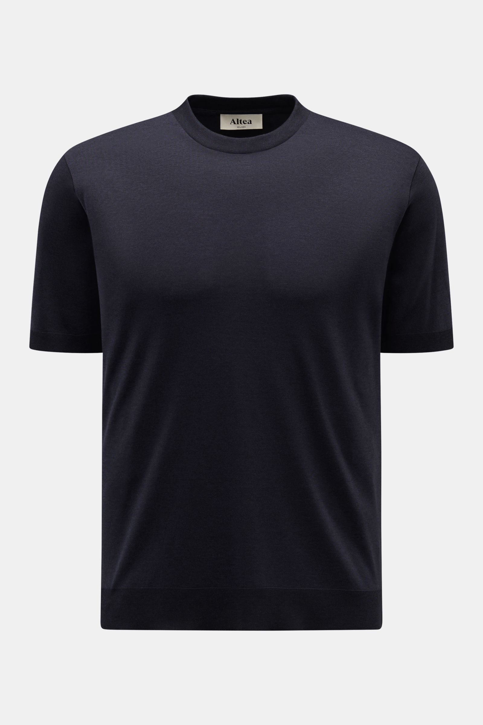 Altea Kurzarmpullover 'Cecil' navy, Vorderansicht, Slim Fit, feiner Lyocell-Baumwoll-Mix, elastische Rippbündchen, kurze Saumschlitze, weicher Griff.