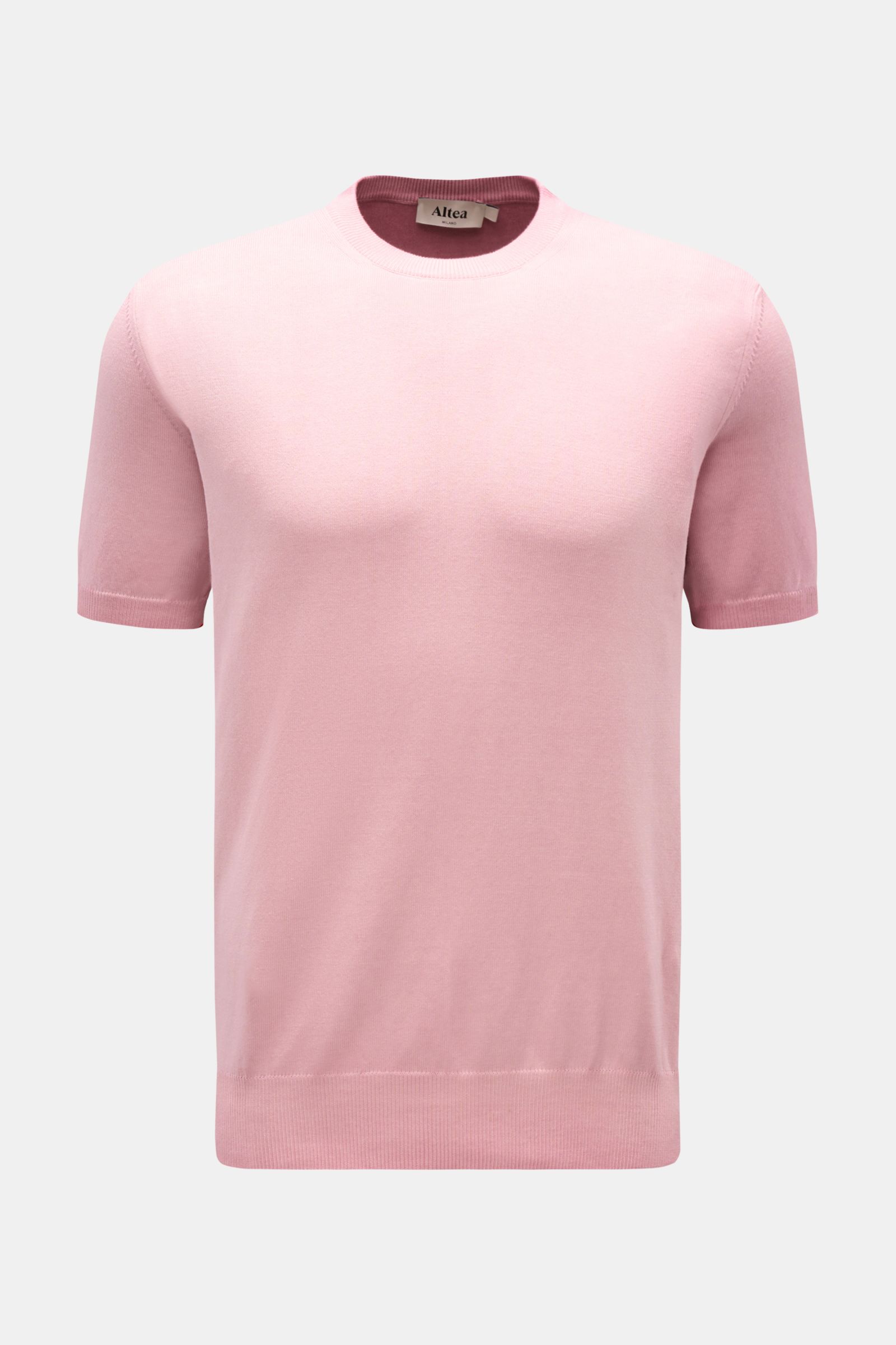 Altea Kurzarmpullover rosé, Slim Fit, reine Baumwolle, weicher Griff, Rundhalsausschnitt, feines Strickbild, Rippbündchen, Frontalansicht.