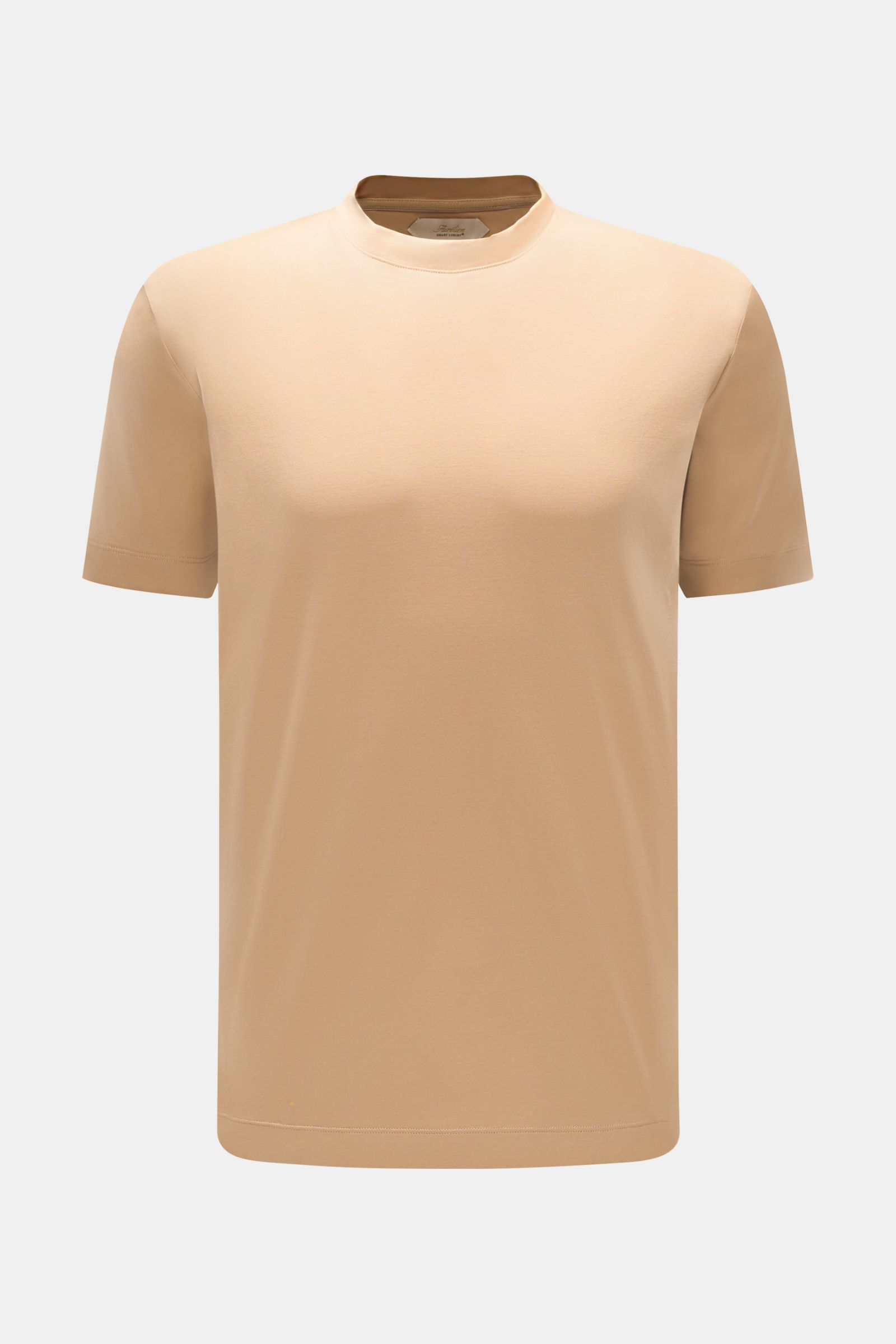 Aurélien Rundhals-T-Shirt beige, frontale Ansicht, Slim Fit, reine Baumwolle, weicher Griff, Rundhalsausschnitt, kurze Saumschlitze.