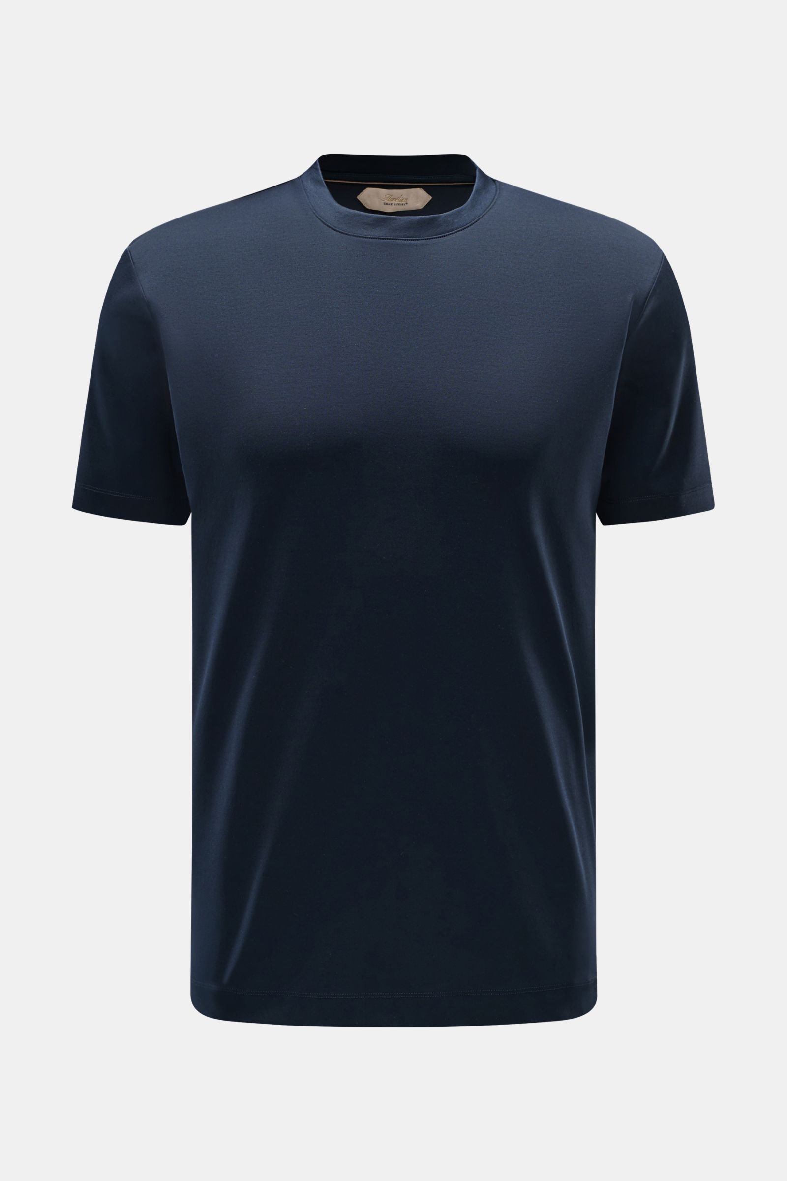 Aurélien Rundhals-T-Shirt navy, slim fit, reine Baumwolle, weicher Griff, Rundhalsausschnitt, kurze Saumschlitze, Frontansicht.