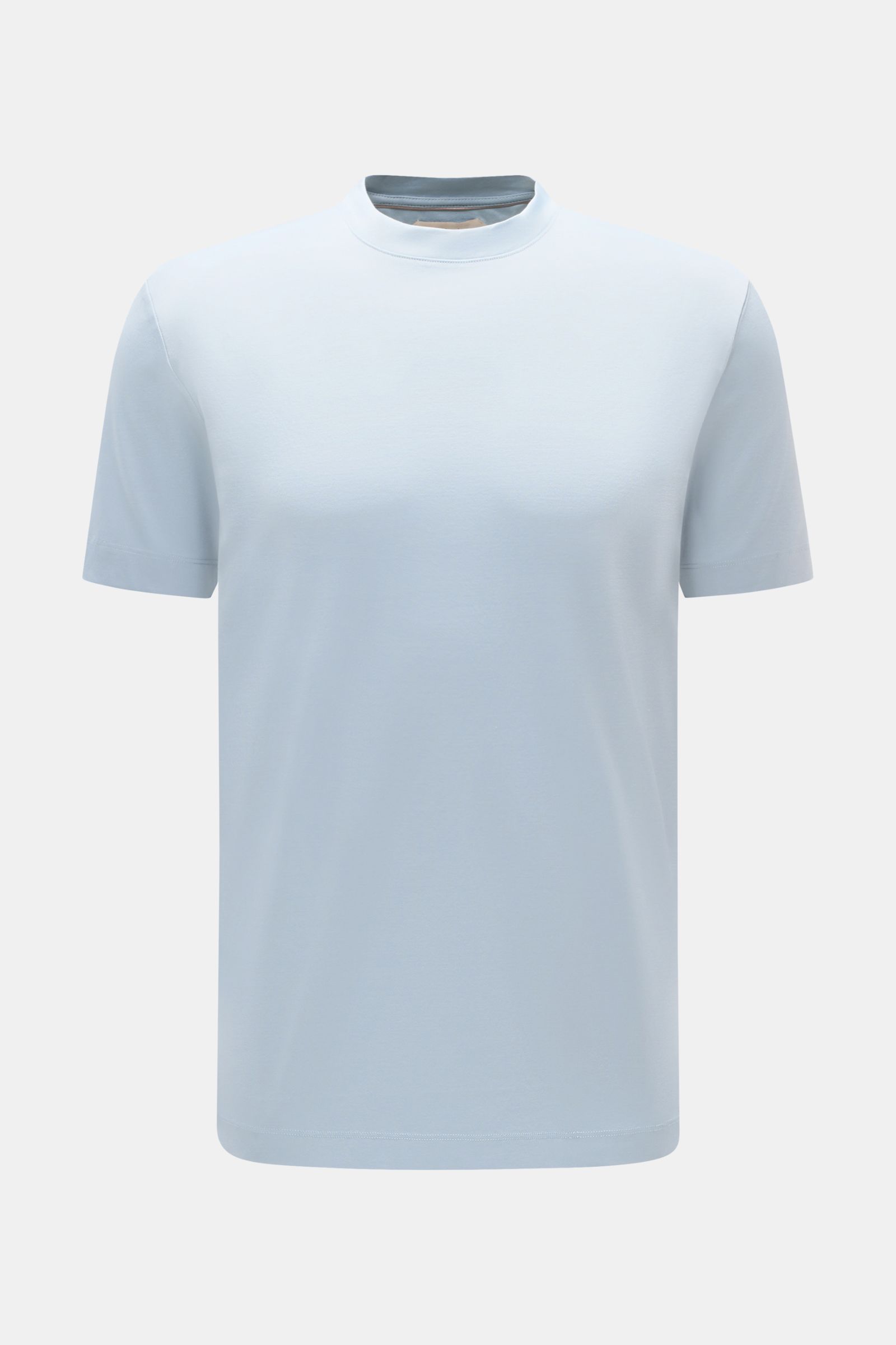 Front view of Aurélien Rundhals-T-Shirt hellblau, a slim fit light blue cotton T-shirt with a soft feel, round neckline, and short side slits. Vielseitiges Basic für den Frühling und Sommer: Das T-Shirt von AURÉLIEN verbindet hochwertige Baumwollqualität 