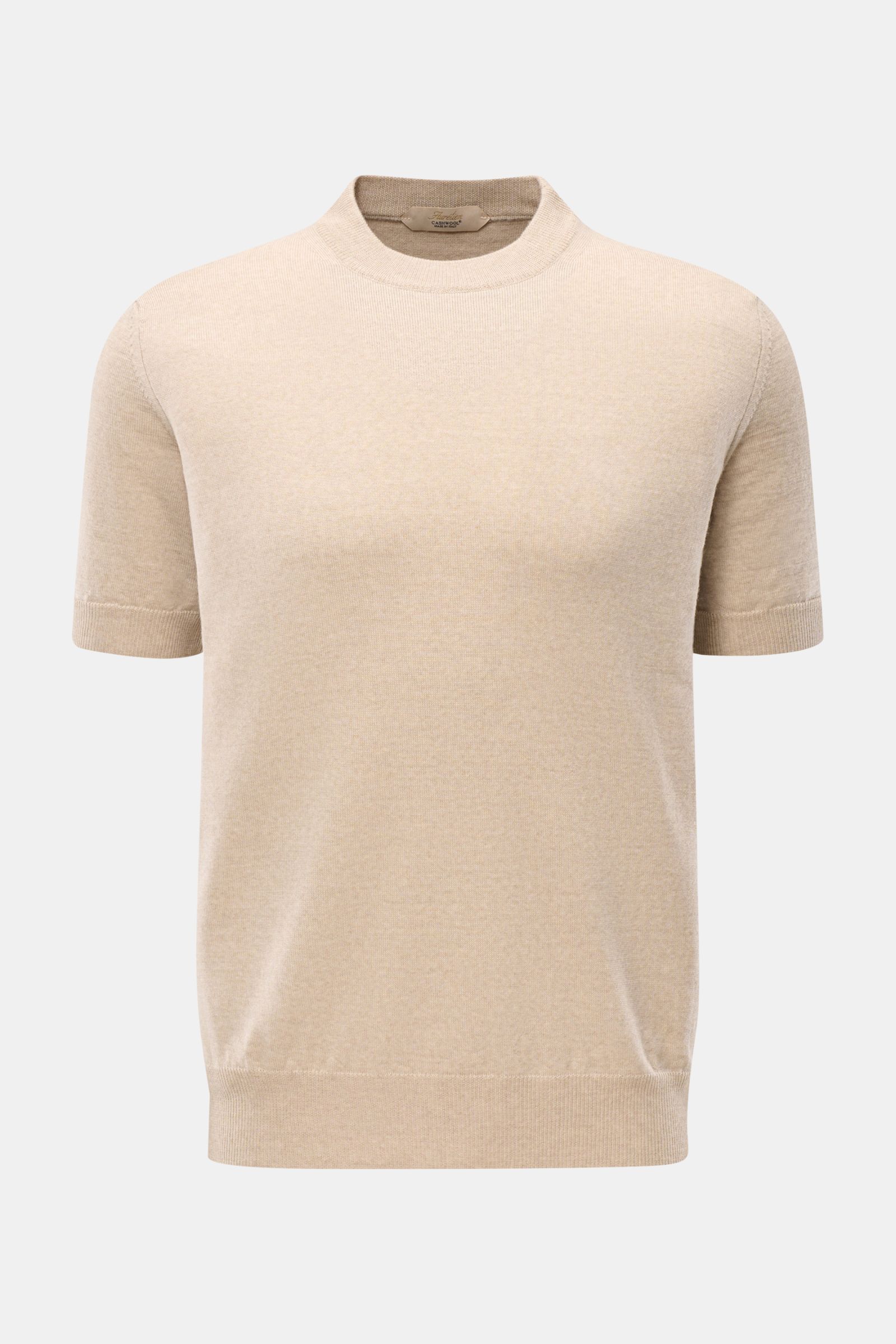 Aurélien Short sleeve jumper 'Cashwool' beige mottled shown from the front, a spring essential in pure merino wool with crew neck, soft feel, slim fit, fine knit, ribbed bands, and metal label on hem.