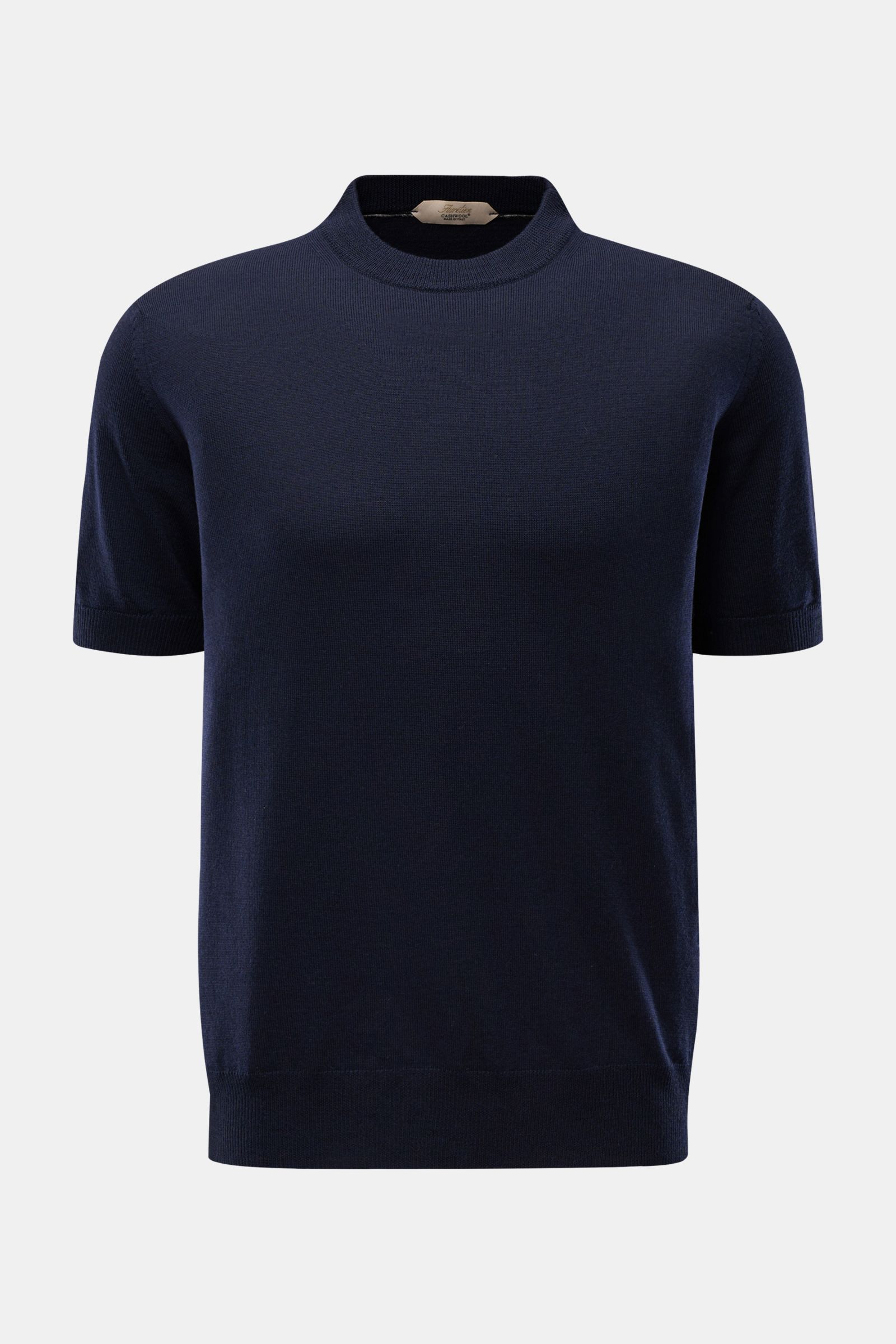 Aurélien Short sleeve jumper 'Cashwool' navy shown front view, made of pure merino wool with crew neck, slim fit, soft fine knit, ribbed bands, and metal label on hem. A spring essential combining a fine feel with a timeless silhouette.