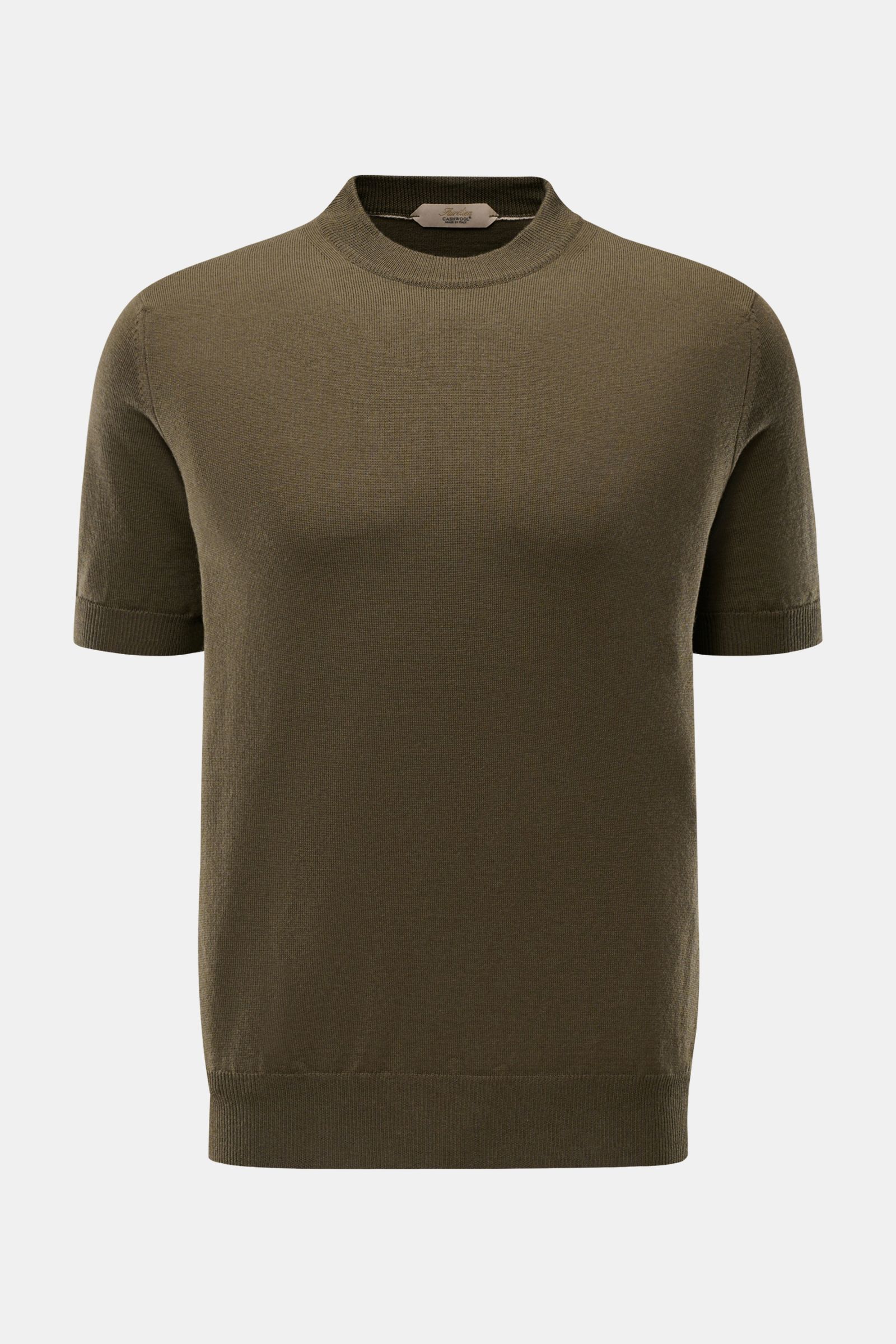 Front view of Aurélien Short sleeve jumper 'Cashwool' dark olive, a slim fit, pure merino wool spring essential with crew neck, soft fine knit, ribbed bands, and metal label on hem.