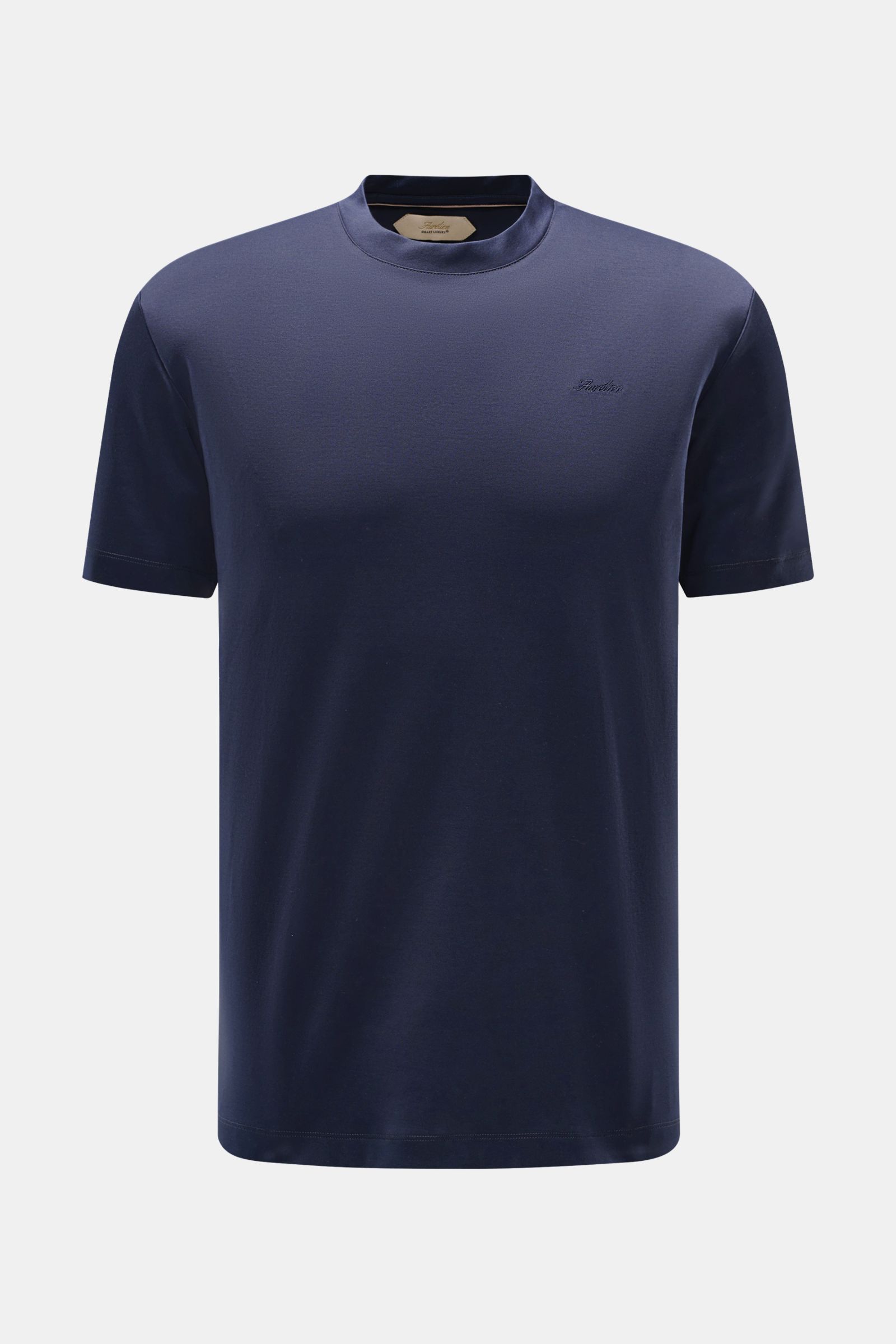 Front view of Aurélien Rundhals-T-Shirt navy, a slim fit, pure cotton T-shirt with soft touch, round neckline, tonal logo stitching, and short hem slits. Versatile basic for spring and summer.