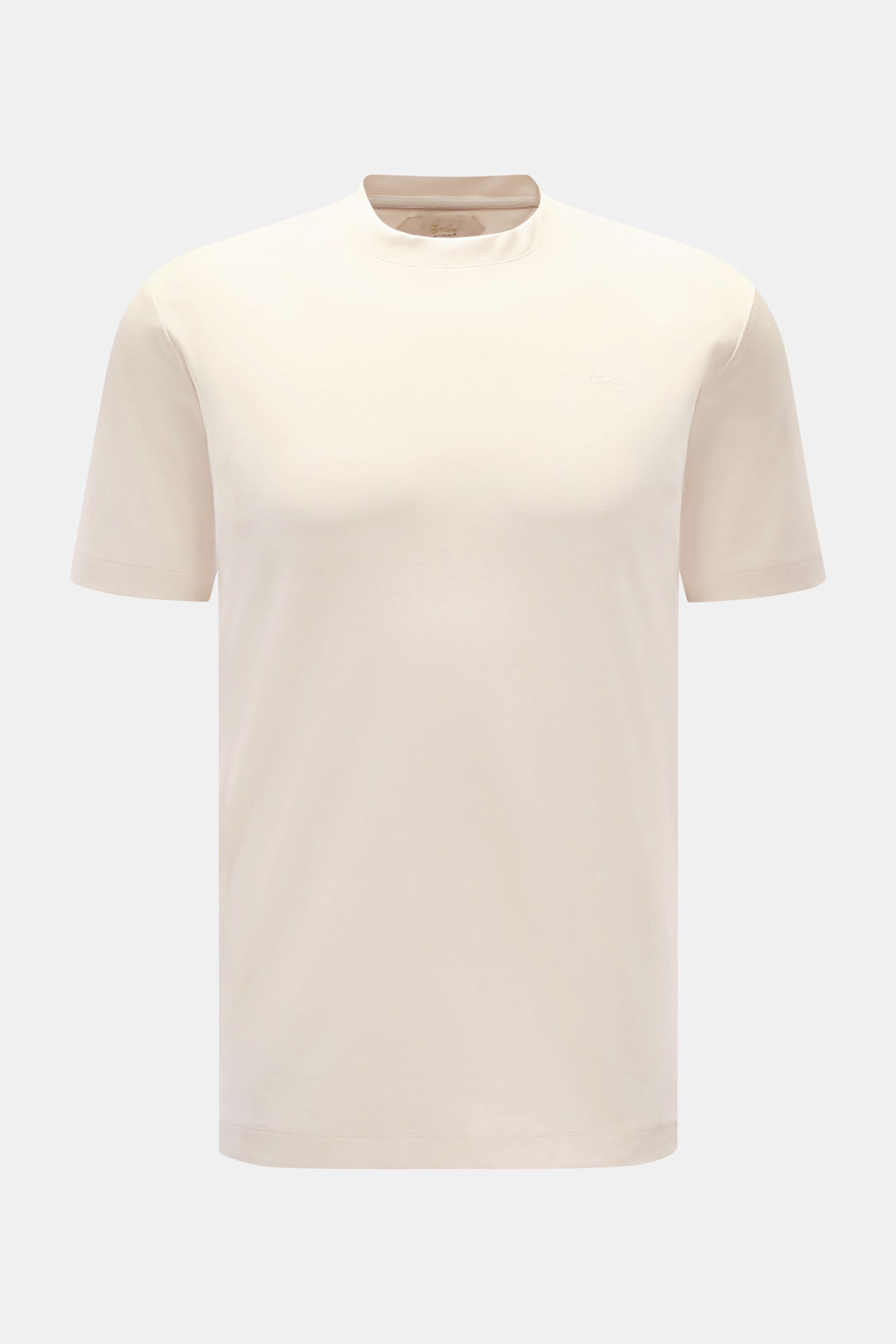 Aurélien Rundhals-T-Shirt creme, Slim Fit, reine Baumwolle, weicher Griff, tonales Logo-Stitching, Rundhalsausschnitt, kurze Saumschlitze, Frontansicht.