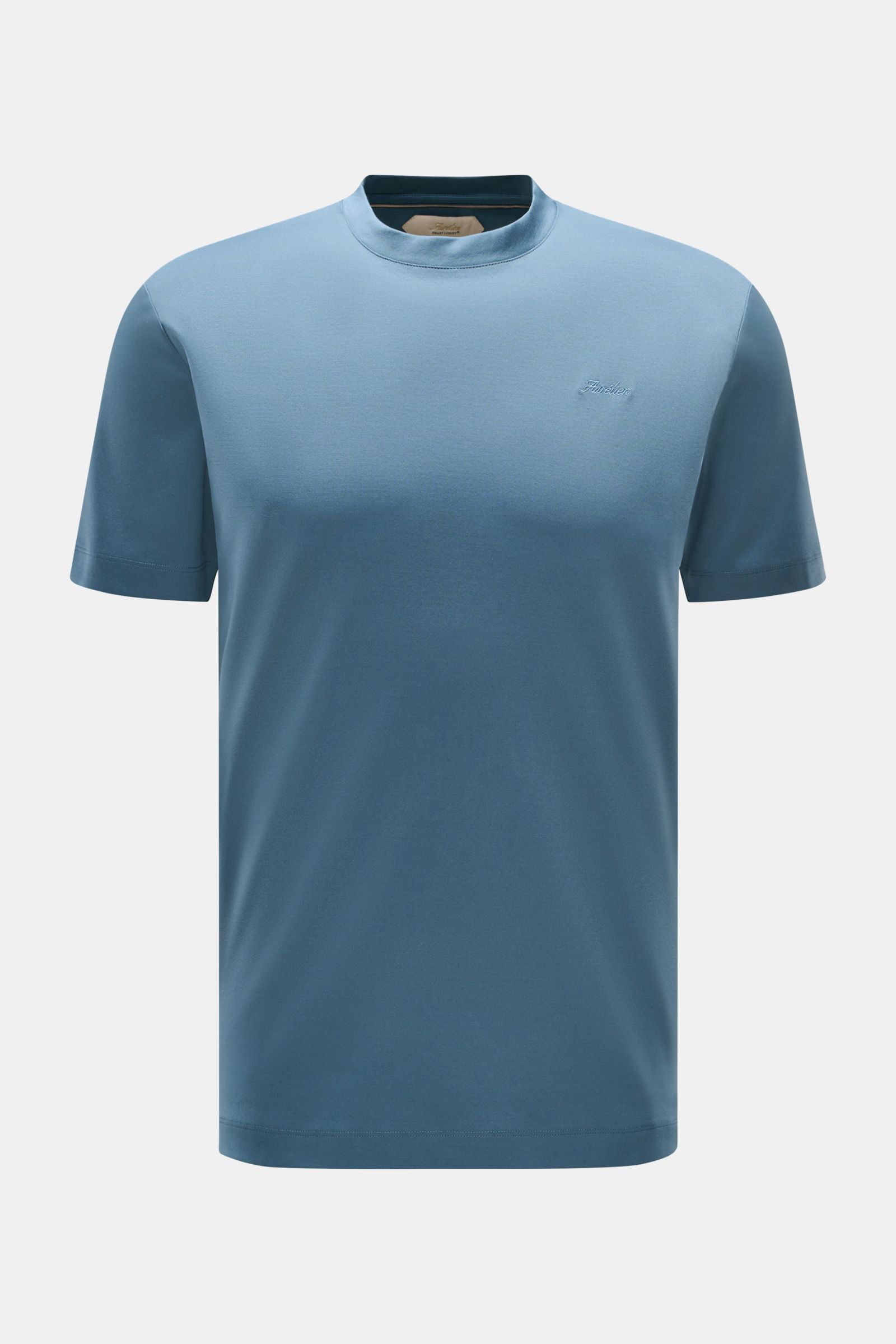 Aurélien Rundhals-T-Shirt petrol, Slim Fit, reine Baumwolle, weicher Griff, Rundhalsausschnitt, tonales Logo-Stitching, kurze Saumschlitze, Frontalansicht.